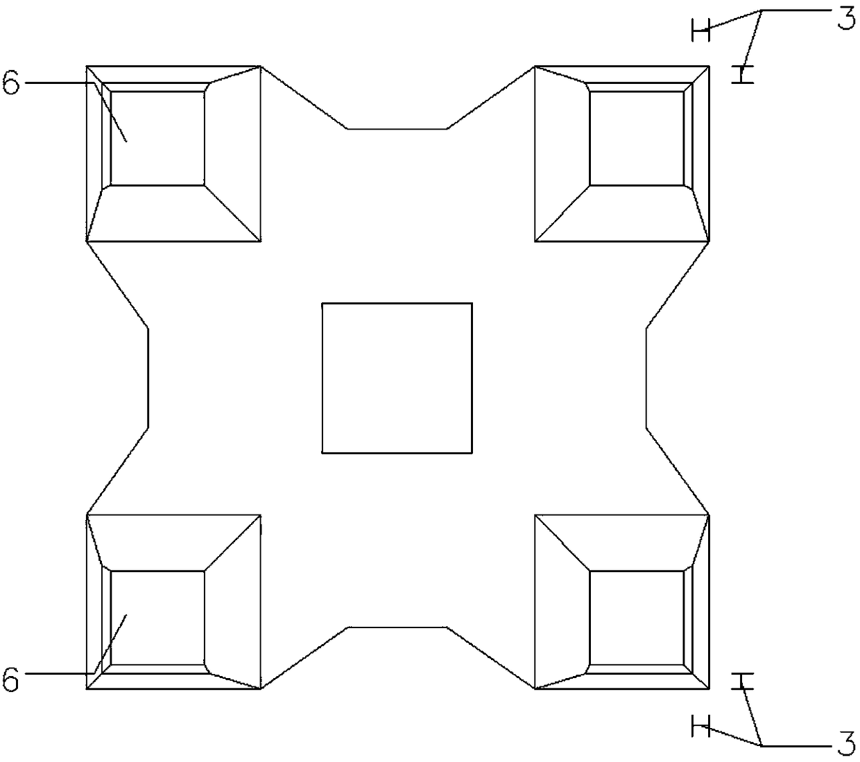 Four-foot hollow block with concaved outer side faces of convex feet and construction method of four-foot hollow block