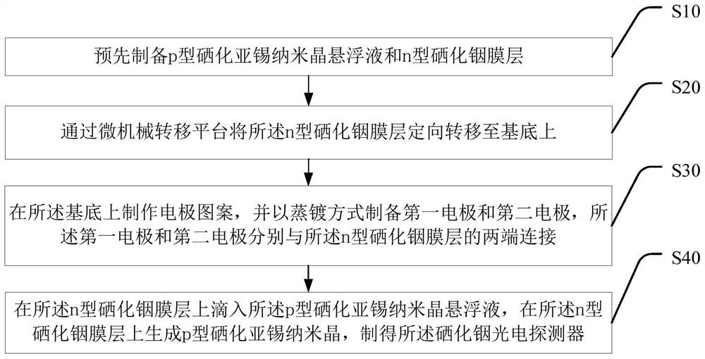 Indium selenide photoelectric detector using stannous selenide nanocrystals for surface modification, and preparation method thereof