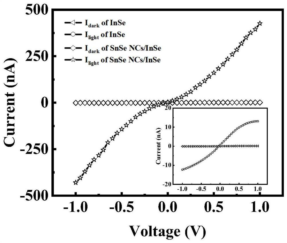 Indium selenide photoelectric detector using stannous selenide nanocrystals for surface modification, and preparation method thereof