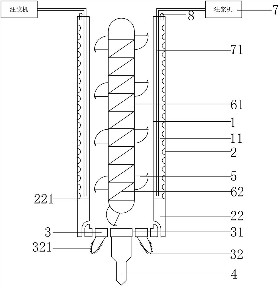 A rotary drilling type high-pressure grouting device and construction method for the side wall of the hole formed by pumping sand