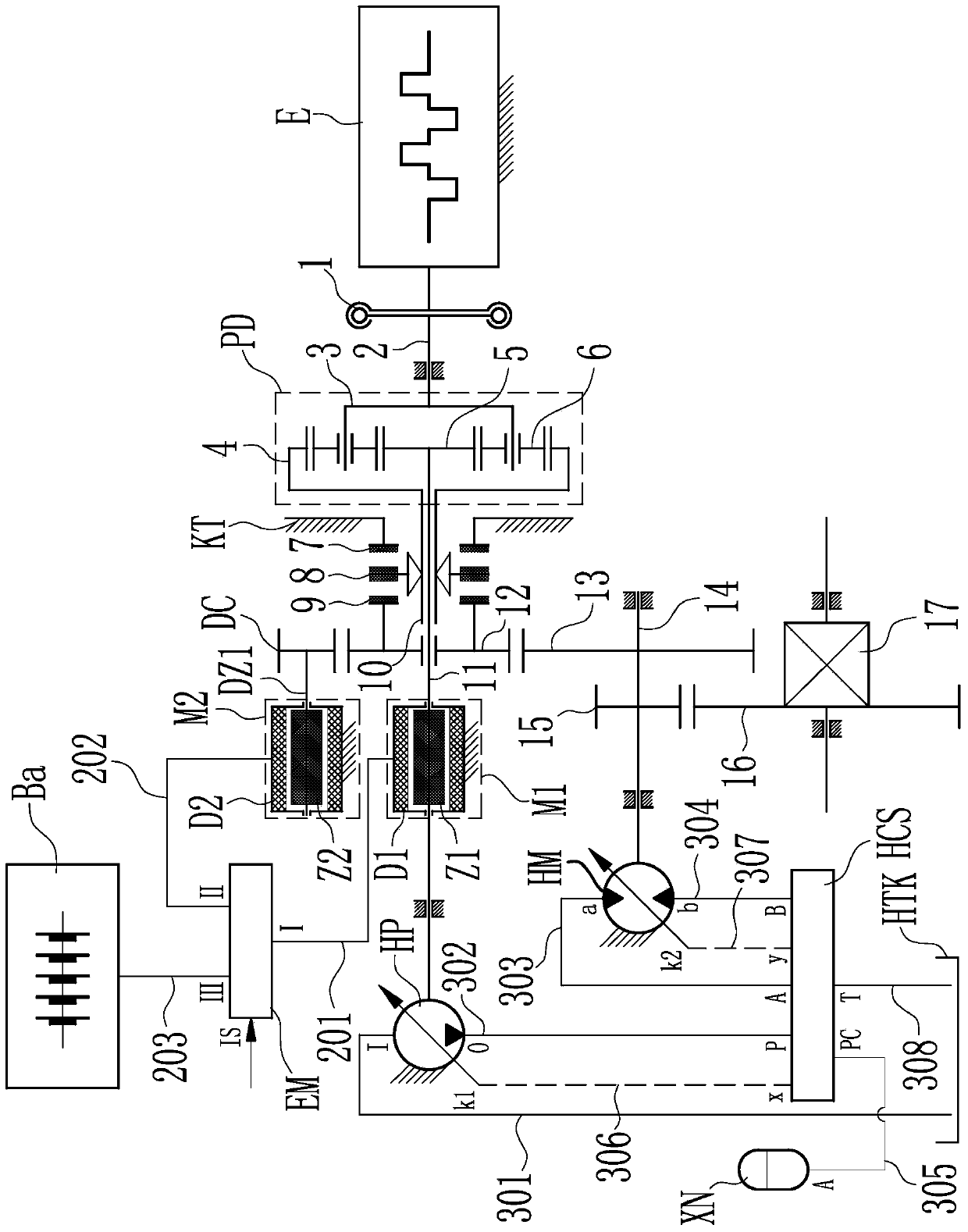 Gasoline-electric and hydraulic compound hybrid power transmission system