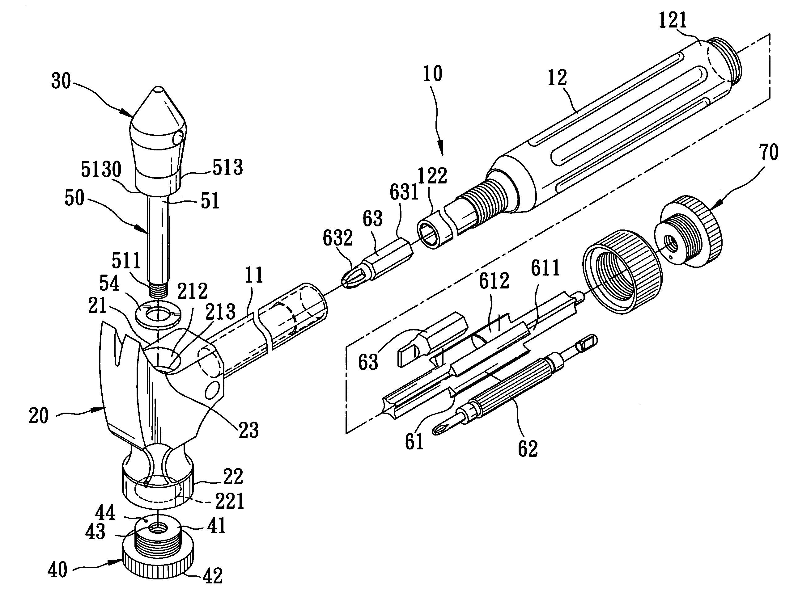 Striking head-interchangeable hammer with a stress-distributable fastener