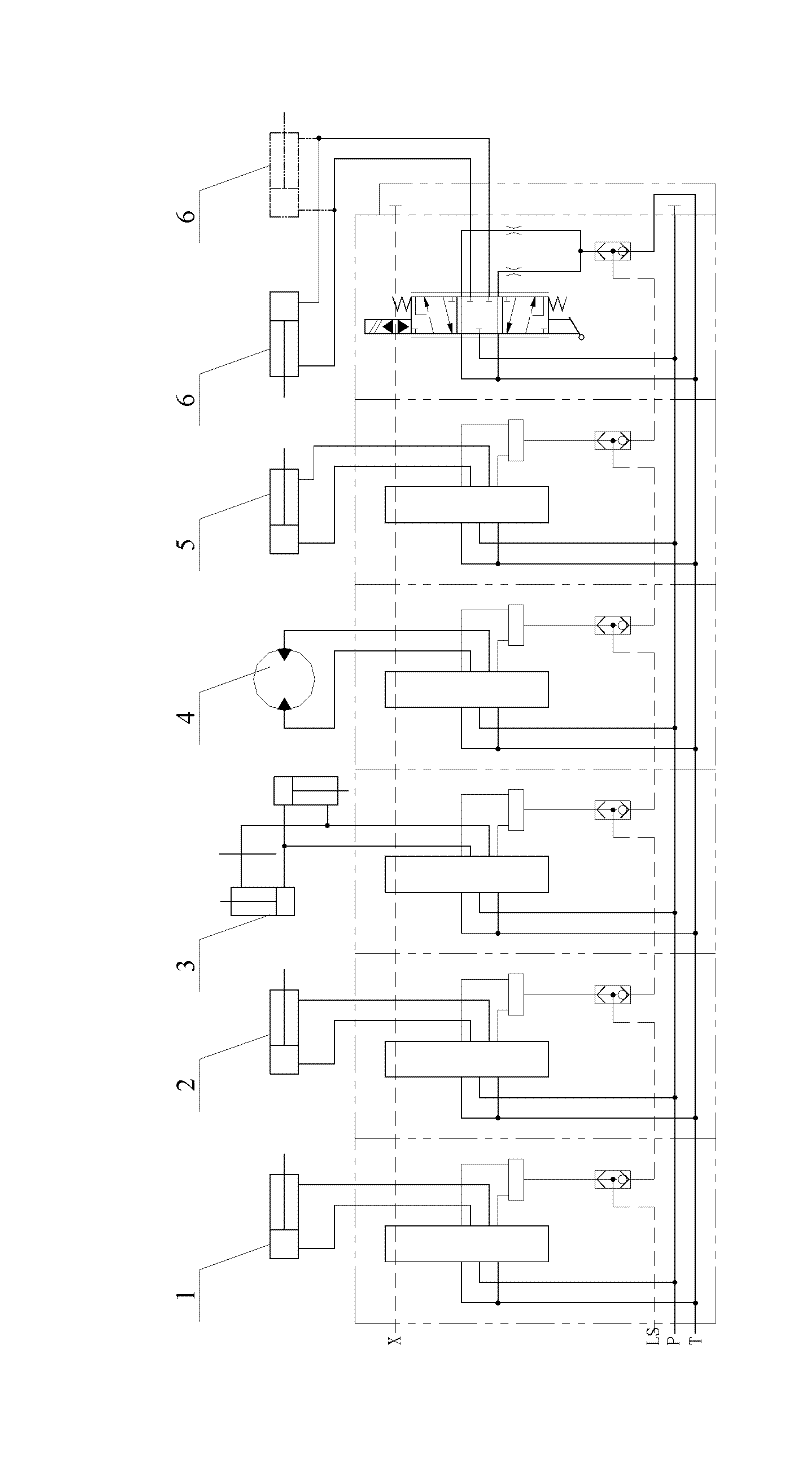Compound action hydraulic control system and wheeled construction machinery applying same