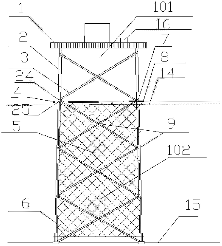 A sea farming device with a net cage added to the fan base of the jacket