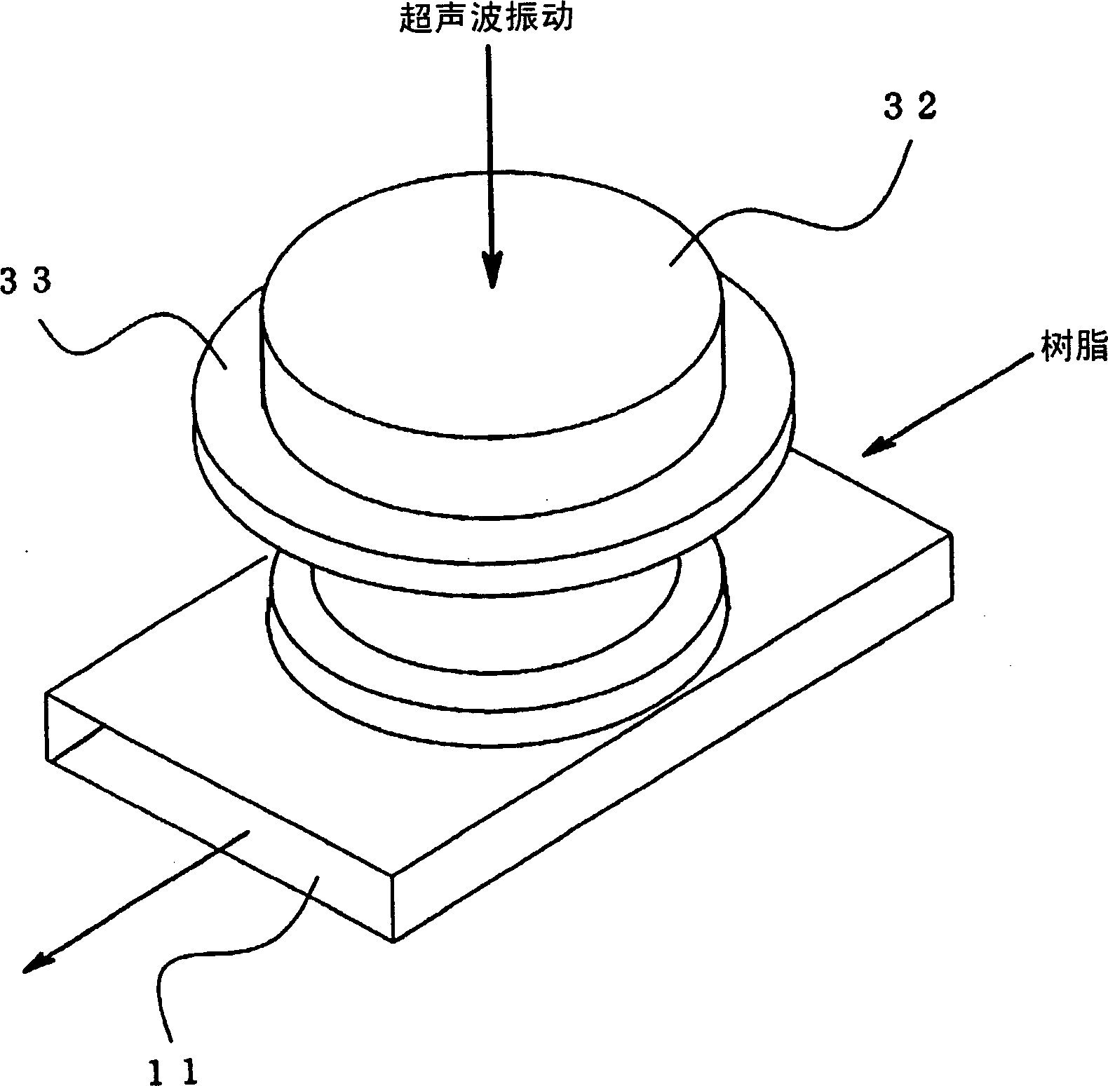 Device for imparting ultrasonic vibration to resin material, method of melt-molding resin material using the device, and resin composition