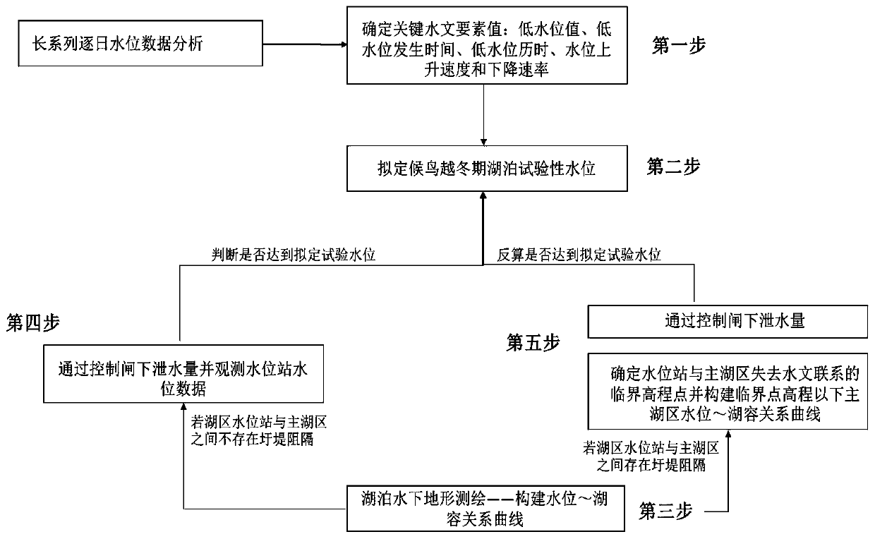 Water level-lake capacity relationship-based experimental water level regulation and control method for waiting bird overwintering period lake