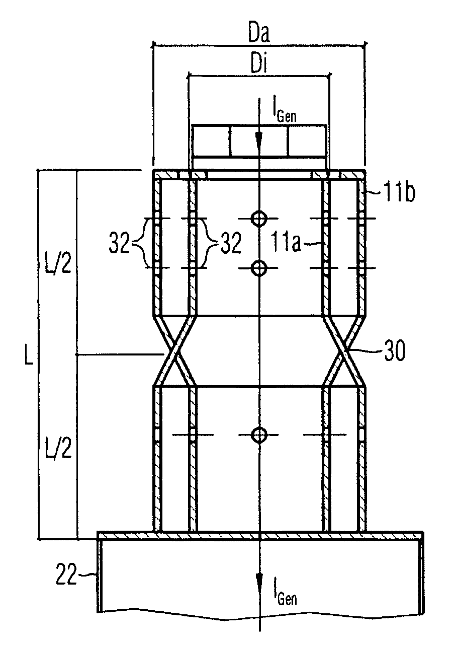 Generator output line, in particular for a connection region in the generator base