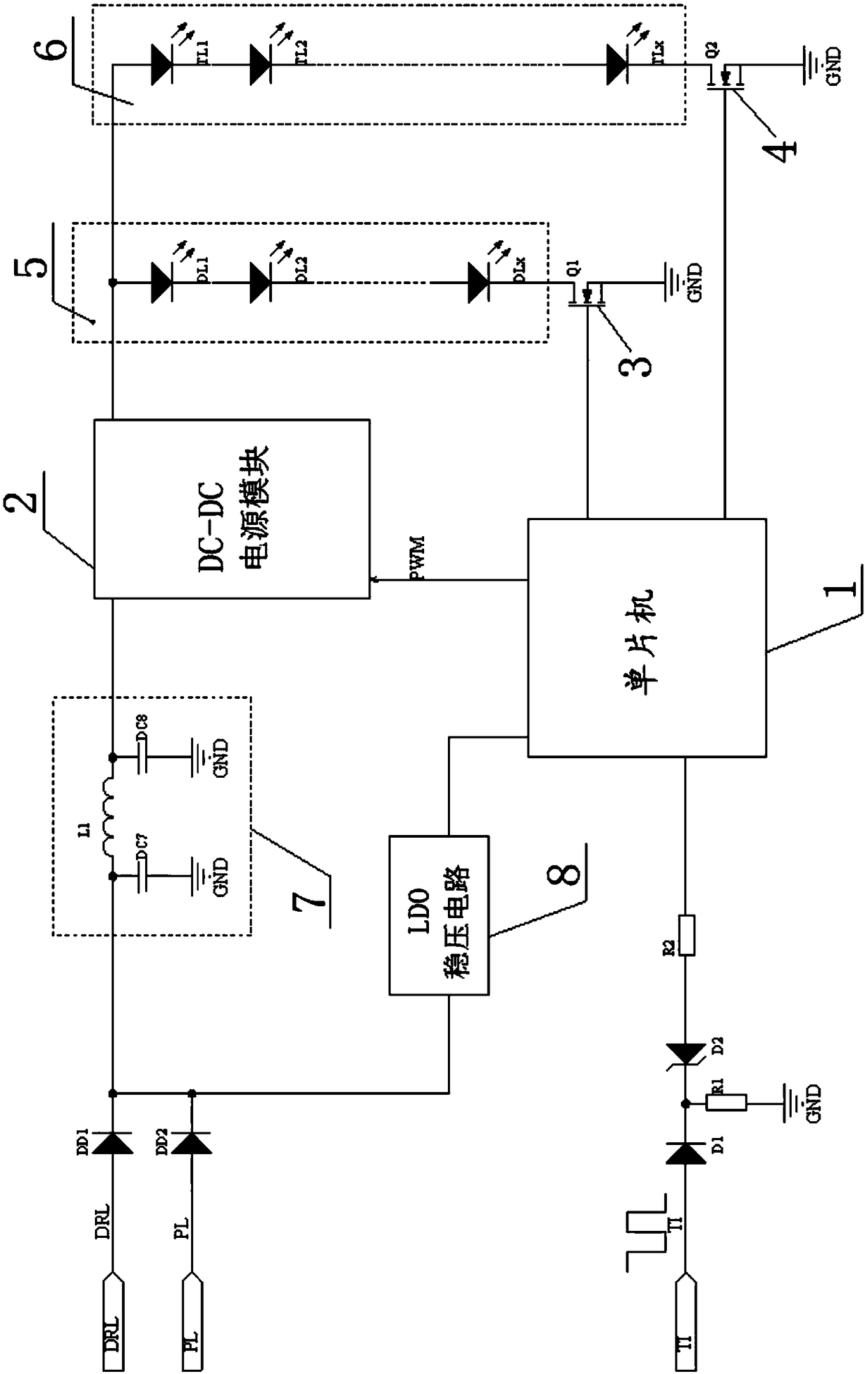 Switching power supply drive circuit of daytime running light and turn light