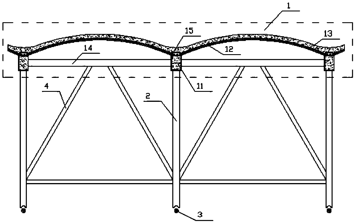 A string-type double-curvature arched roof panel beam structure