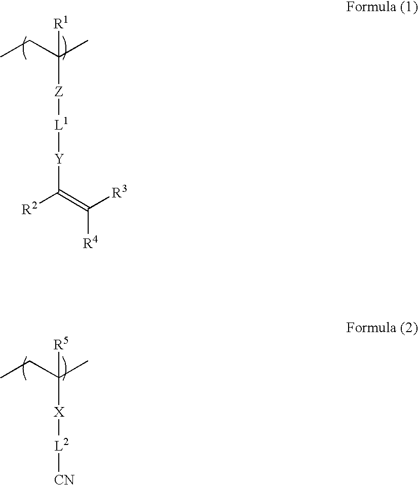 Metal-film-coated material and process for producing the same, metallic-pattern-bearing material and process for producing the same, composition for polymer layer formation, nitrile group-containing polymer and method of synthesizing the same, composition containing nitrile group-containing polymer, and laminate