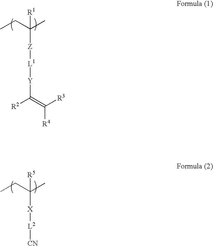 Metal-film-coated material and process for producing the same, metallic-pattern-bearing material and process for producing the same, composition for polymer layer formation, nitrile group-containing polymer and method of synthesizing the same, composition containing nitrile group-containing polymer, and laminate