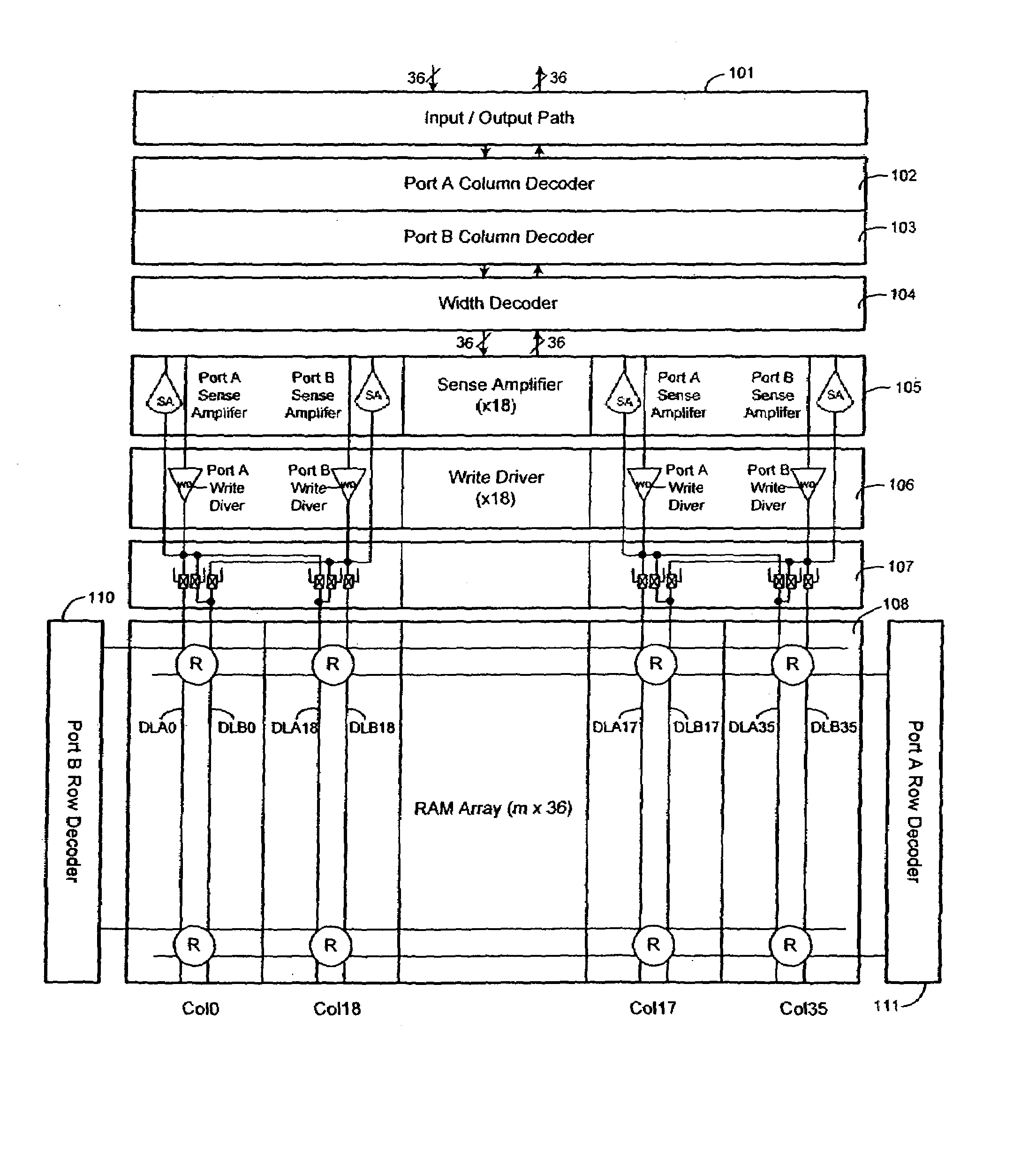 Dual-port memory array using shared write drivers and read sense amplifiers