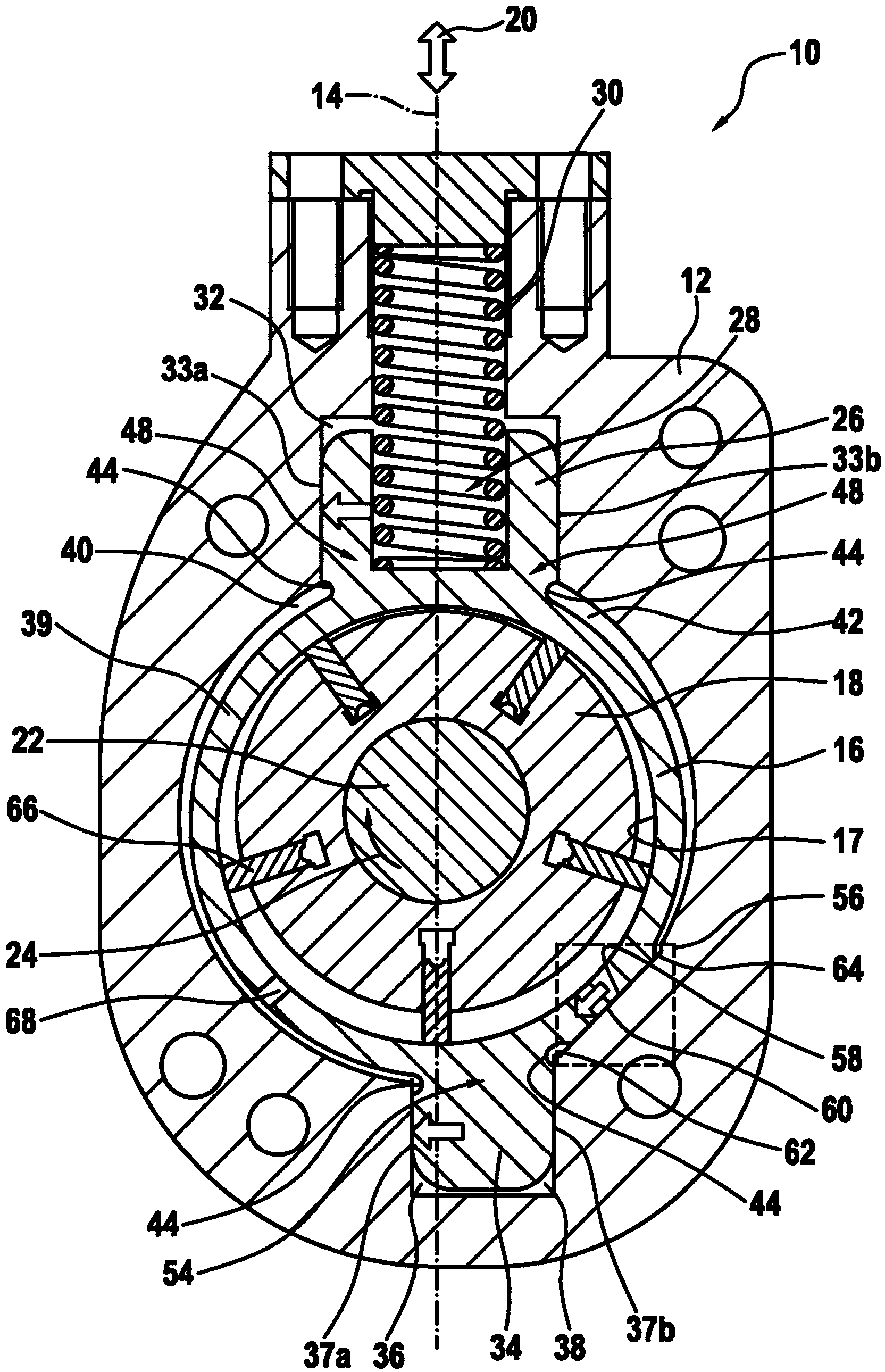 Vane-type pump having a housing, having a displaceable stator, and having a rotor that is rotatable within the stator