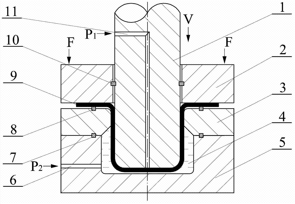Hydraulic forming device and method of reducing cylindrical part