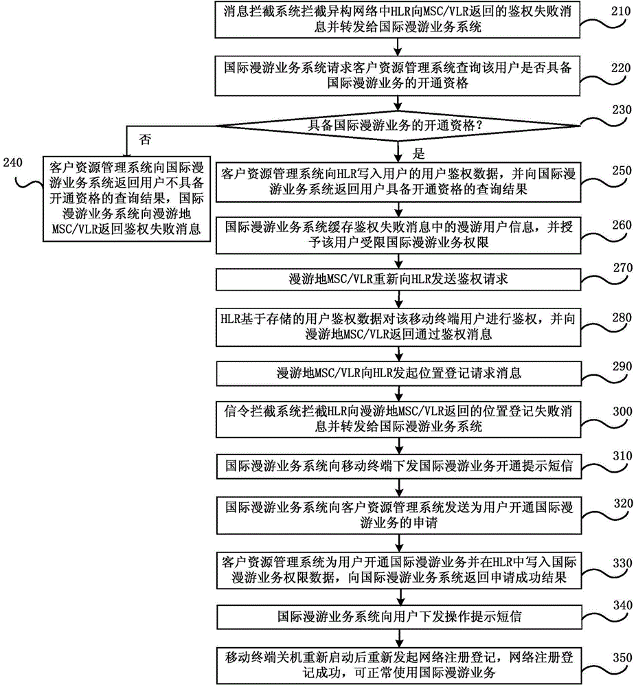 Method and system for opening international roaming service in overseas heterogeneous network