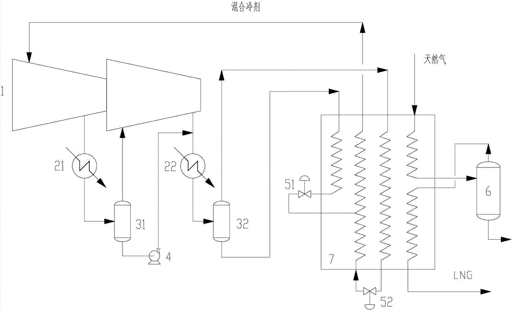 Method and device for carrying out liquefaction and heavy hydrocarbon treatment on natural gas