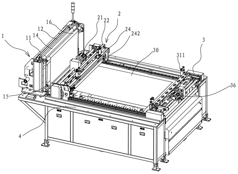 Film laying system for copper-clad laminate combination equipment and copper-clad laminate combination equipment comprising same