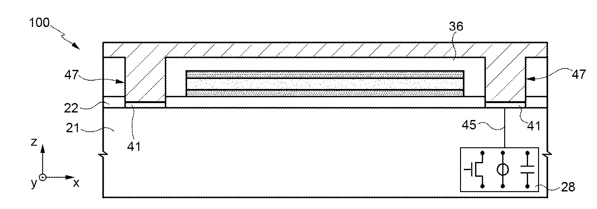 Semiconductor device with integrated magnetic element provided with a barrier structure against metal contamination, and manufacturing
