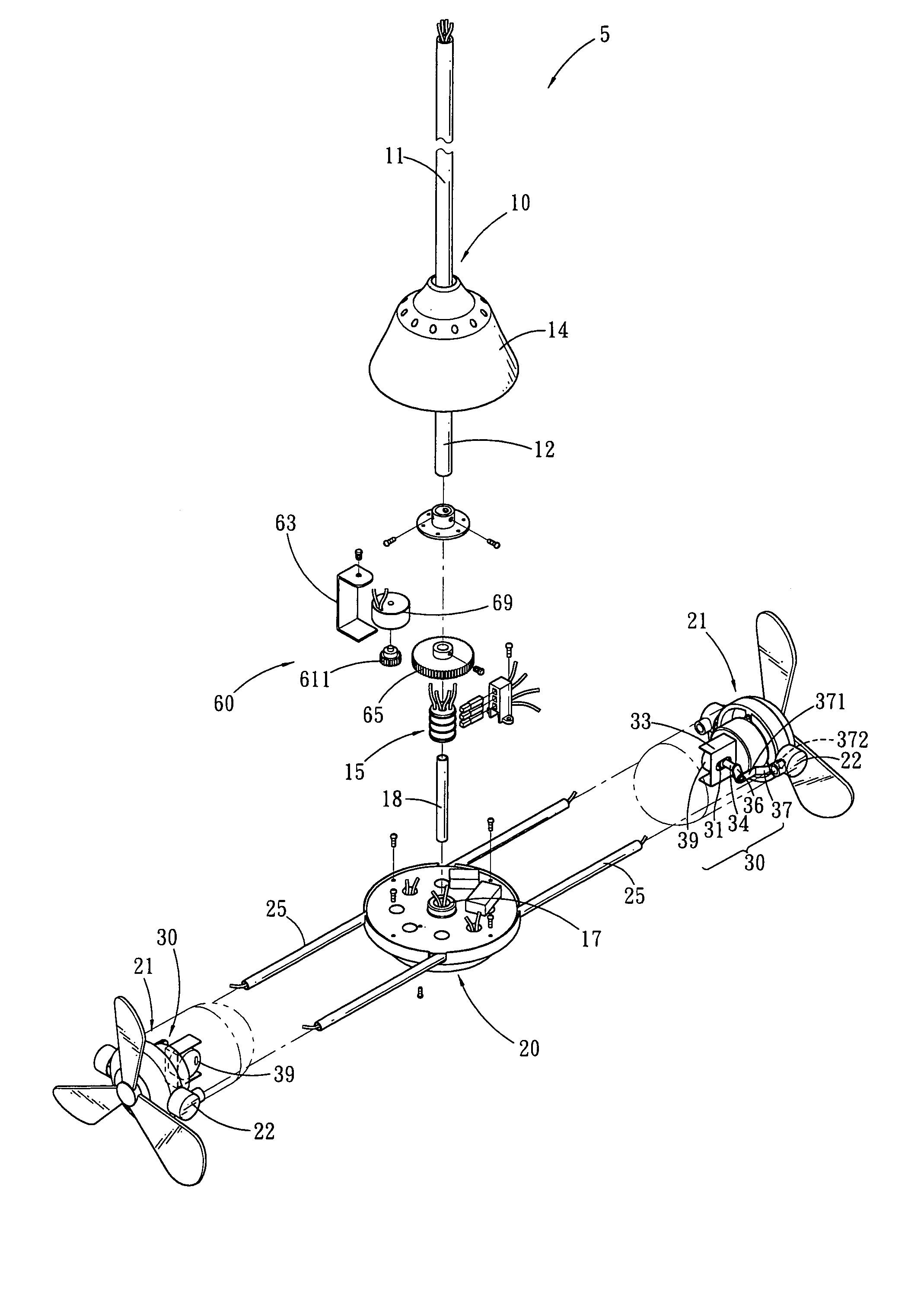 Multi-fan assembly comprising a servomotor driven vertical oscillation means for each fan