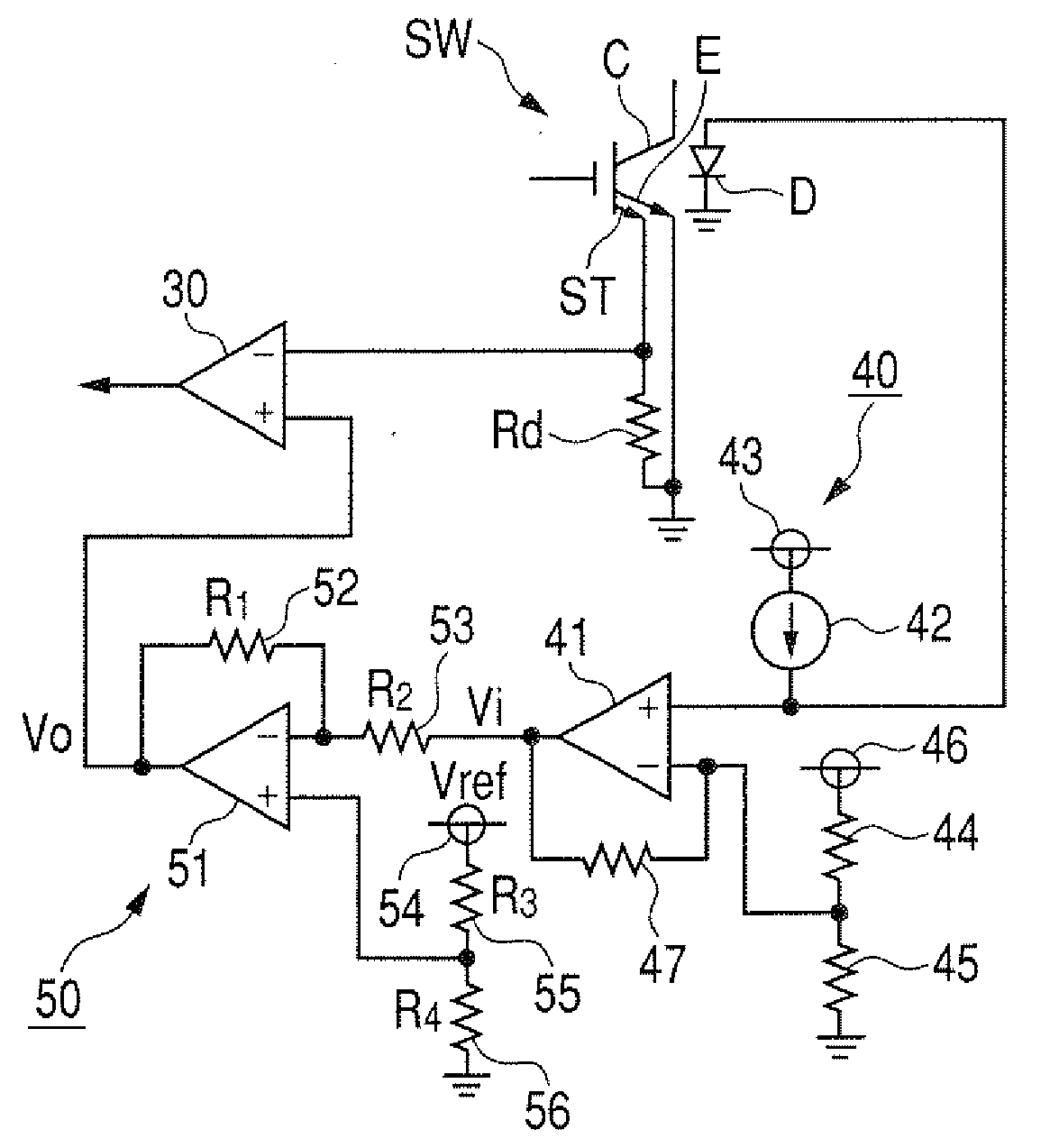 Switching element overcurrent protection circuit which operates within a high-voltage system that incorporates the switching element