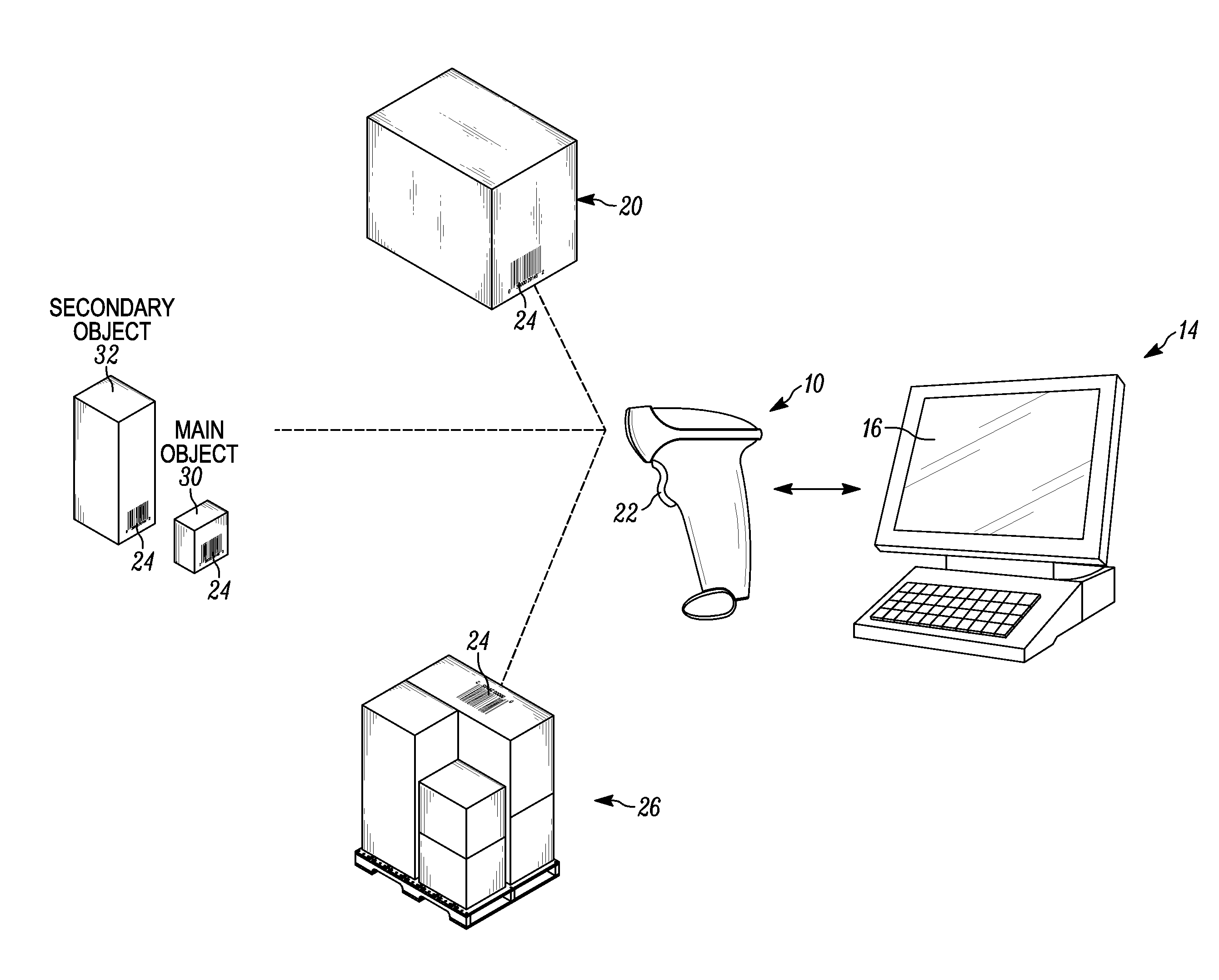 Apparatus for and method of estimating dimensions of an object associated with a code in automatic response to reading the code
