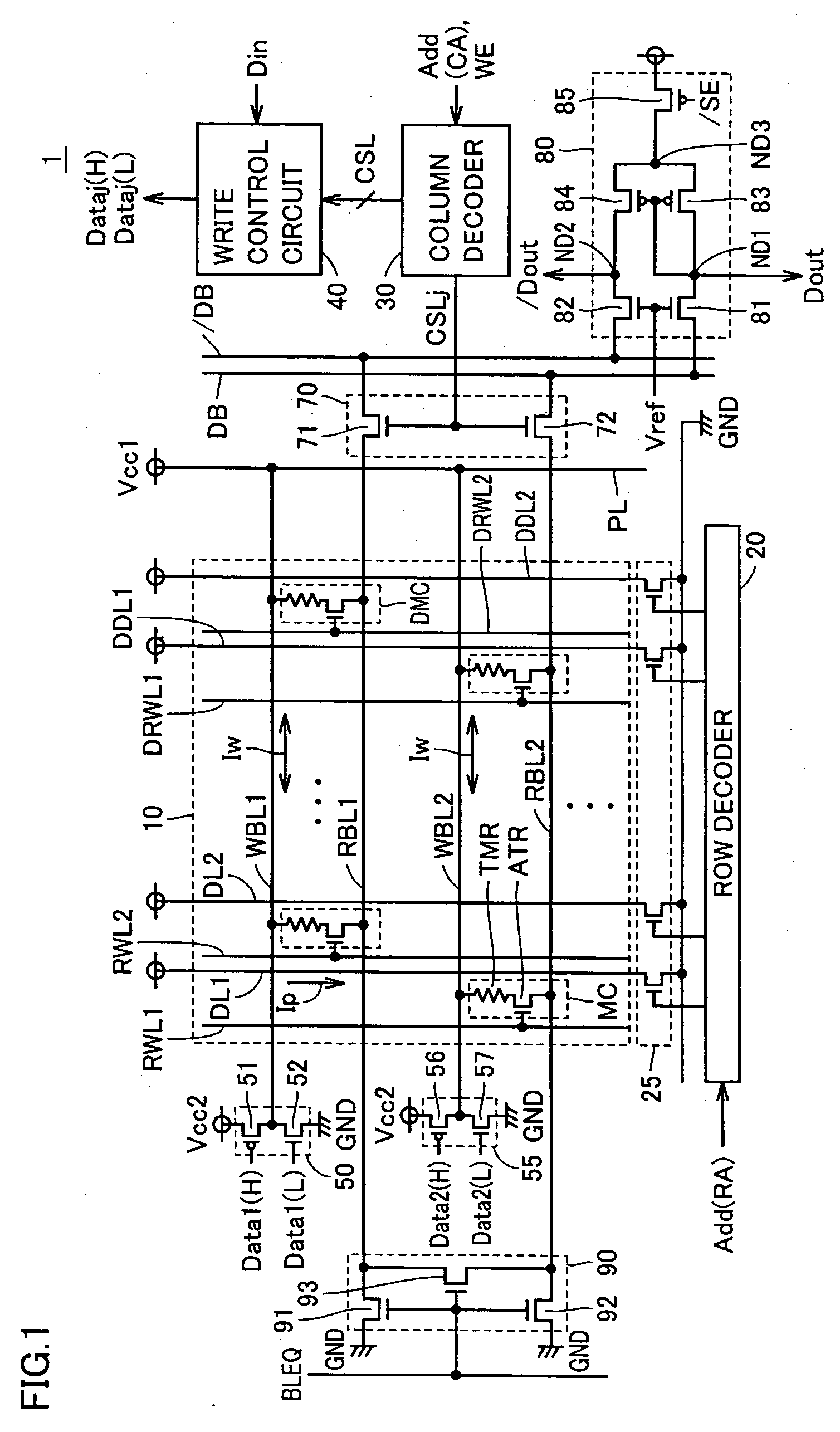 Semiconductor memory device with current driver providing bi-directional current to data write line