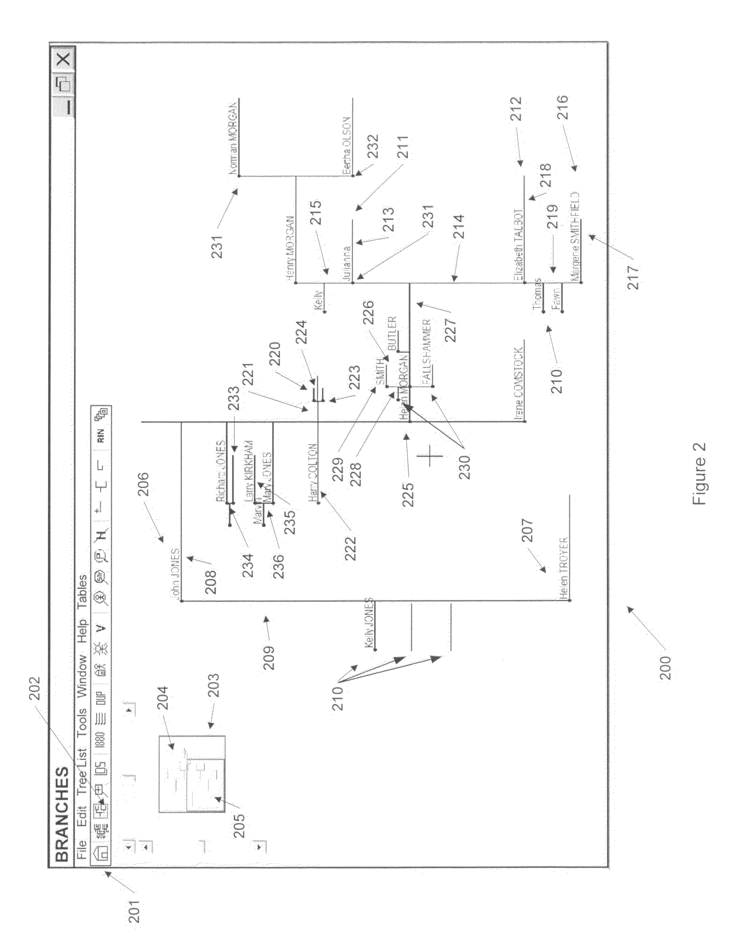 System and method for displaying and manipulating hierarchically linked data in a genealogy database using a graphical interface