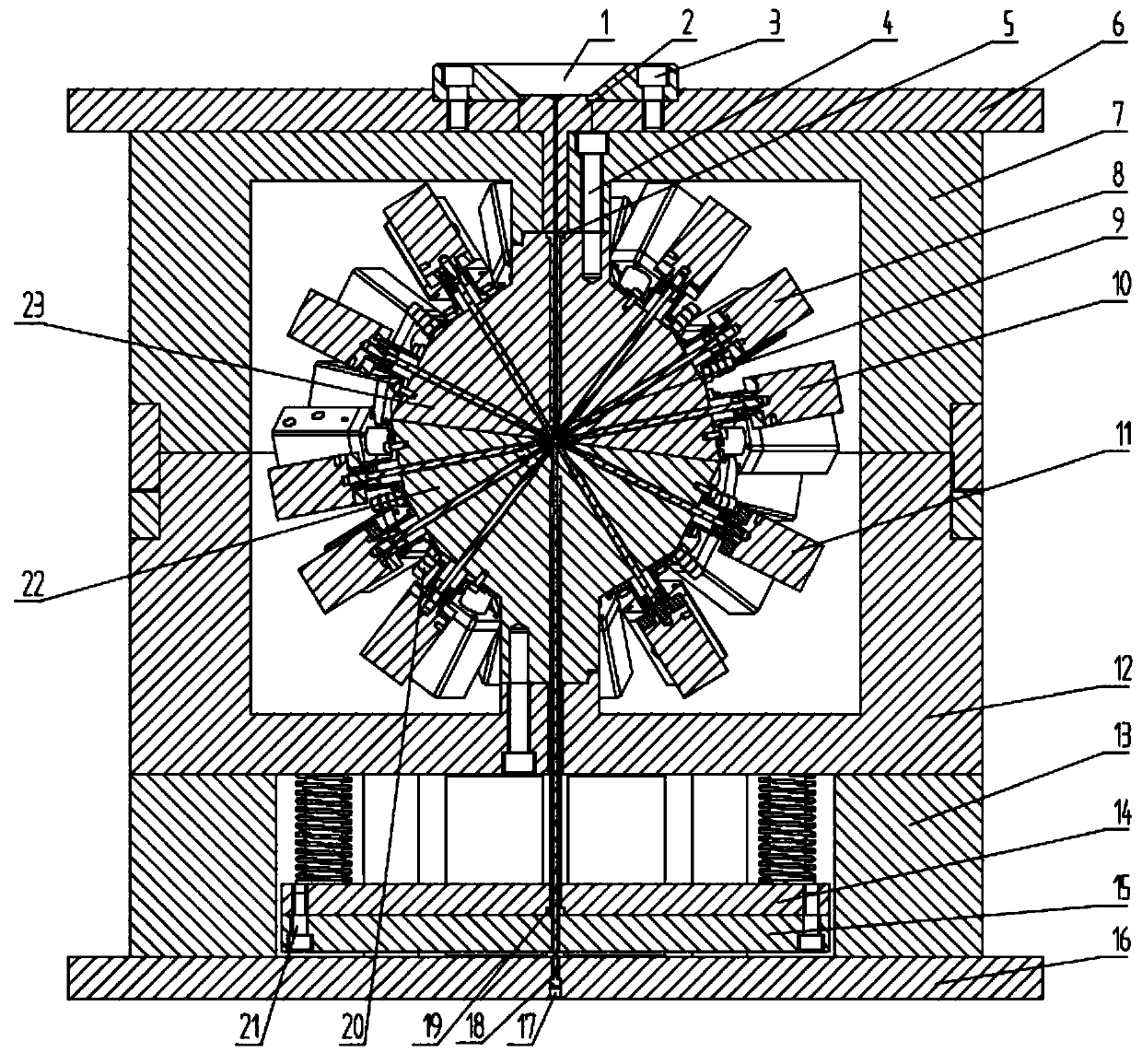 A multi-directional core-pulling injection mold for spherical skeleton parts