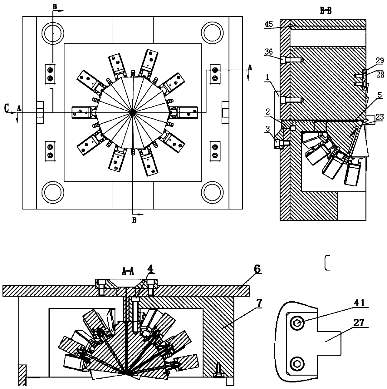 A multi-directional core-pulling injection mold for spherical skeleton parts