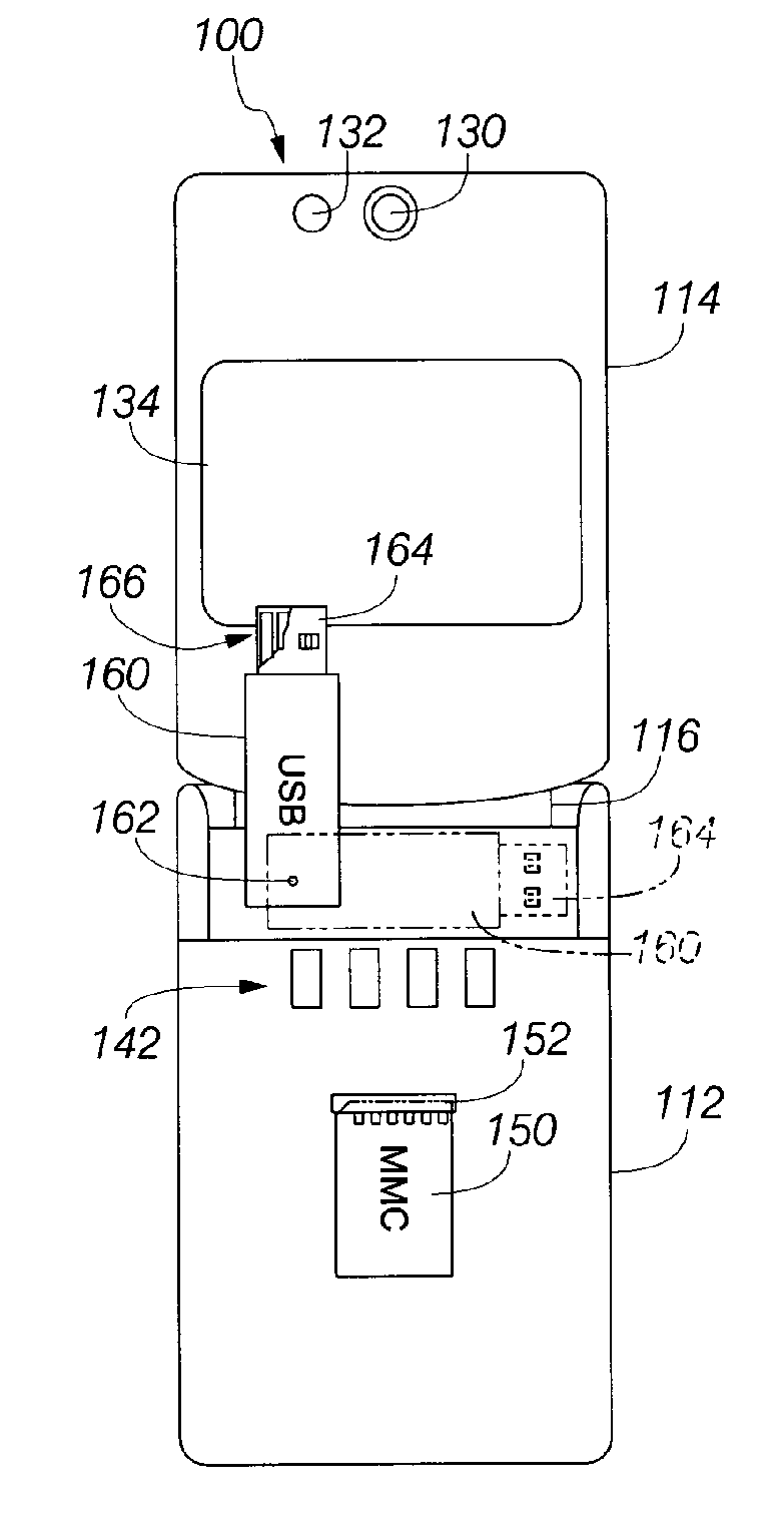 Cellular telephone with integrated USB port engagement device that provides access to multimedia card as a solid-state device