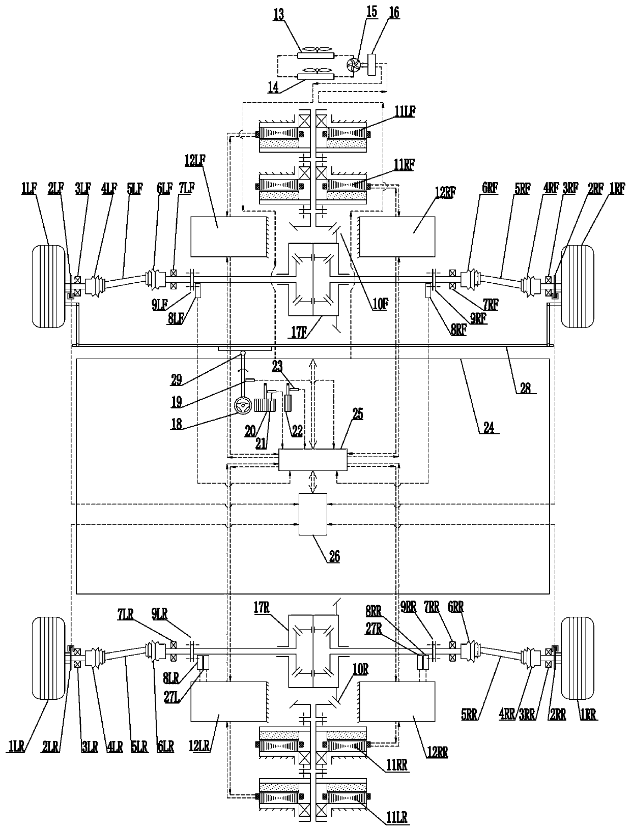 A four-wheel pure electric drive electric vehicle including a final drive and a differential