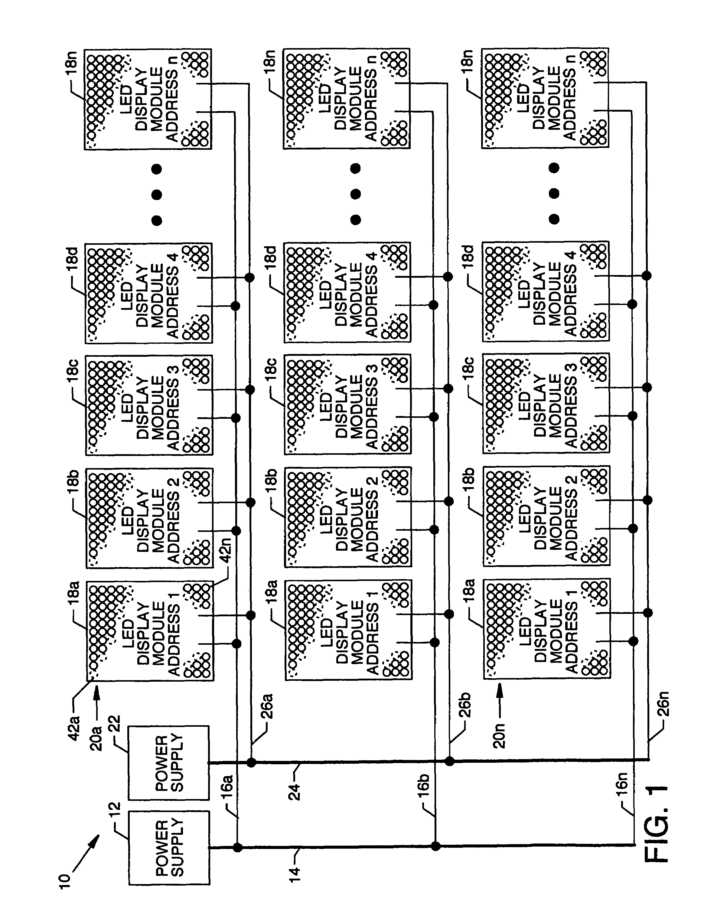 Dual power supply switching system operating in parallel for providing power to a plurality of LED display modules