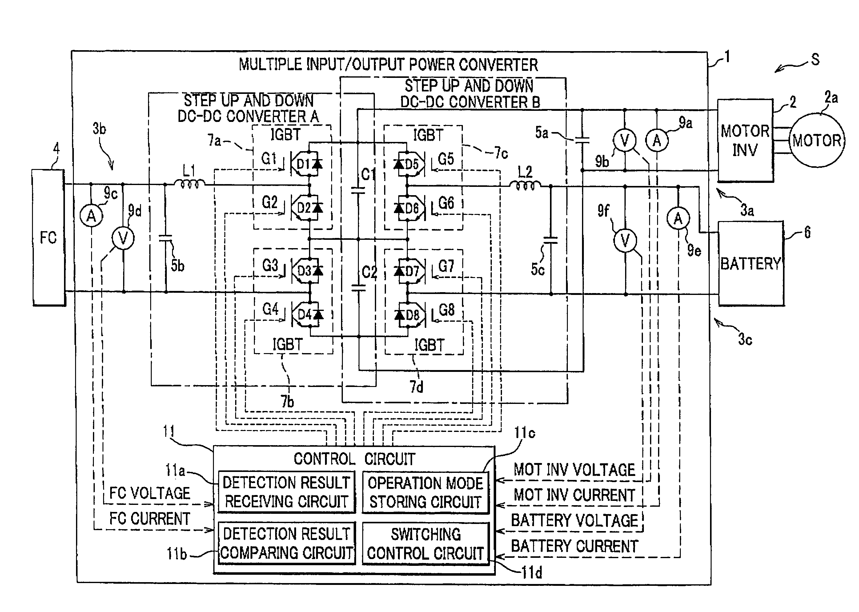 Multiple input/output power converter and fuel cell vehicle with same