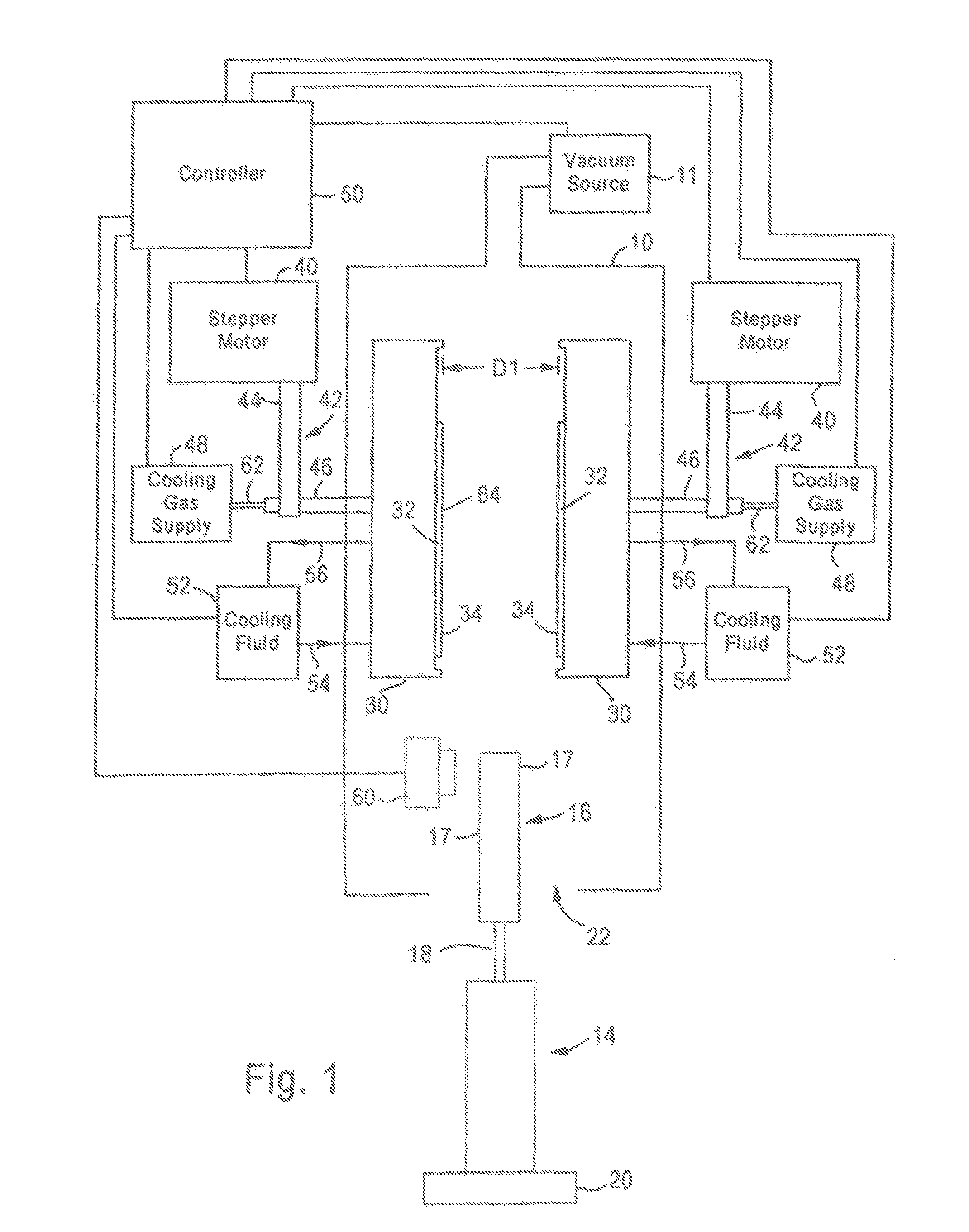 Method and apparatus for cooling a planar workpiece in an evacuated environment with dynamically moveable heat sinks