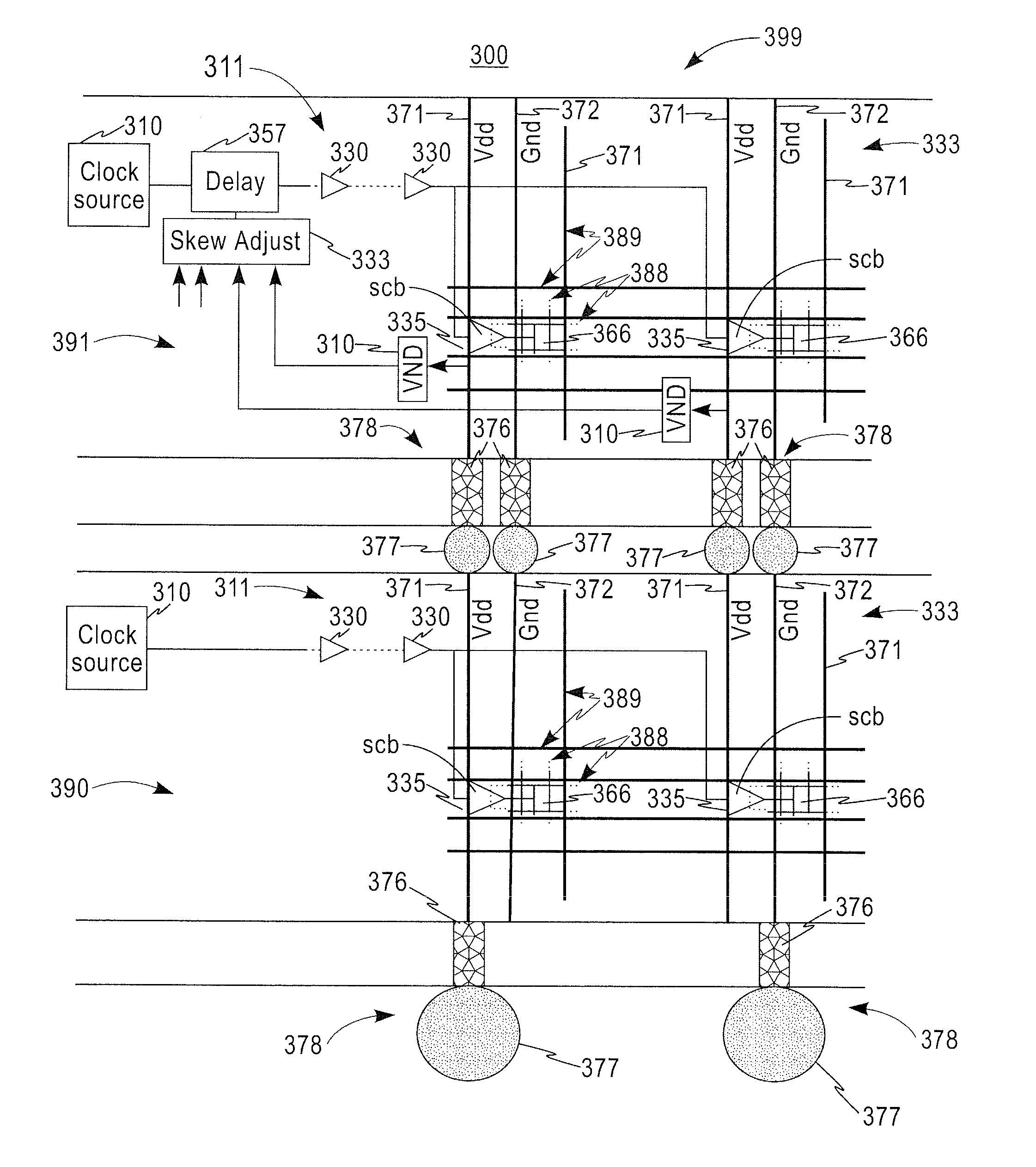 Ac supply noise reduction in a 3D stack with voltage sensing and clock shifting