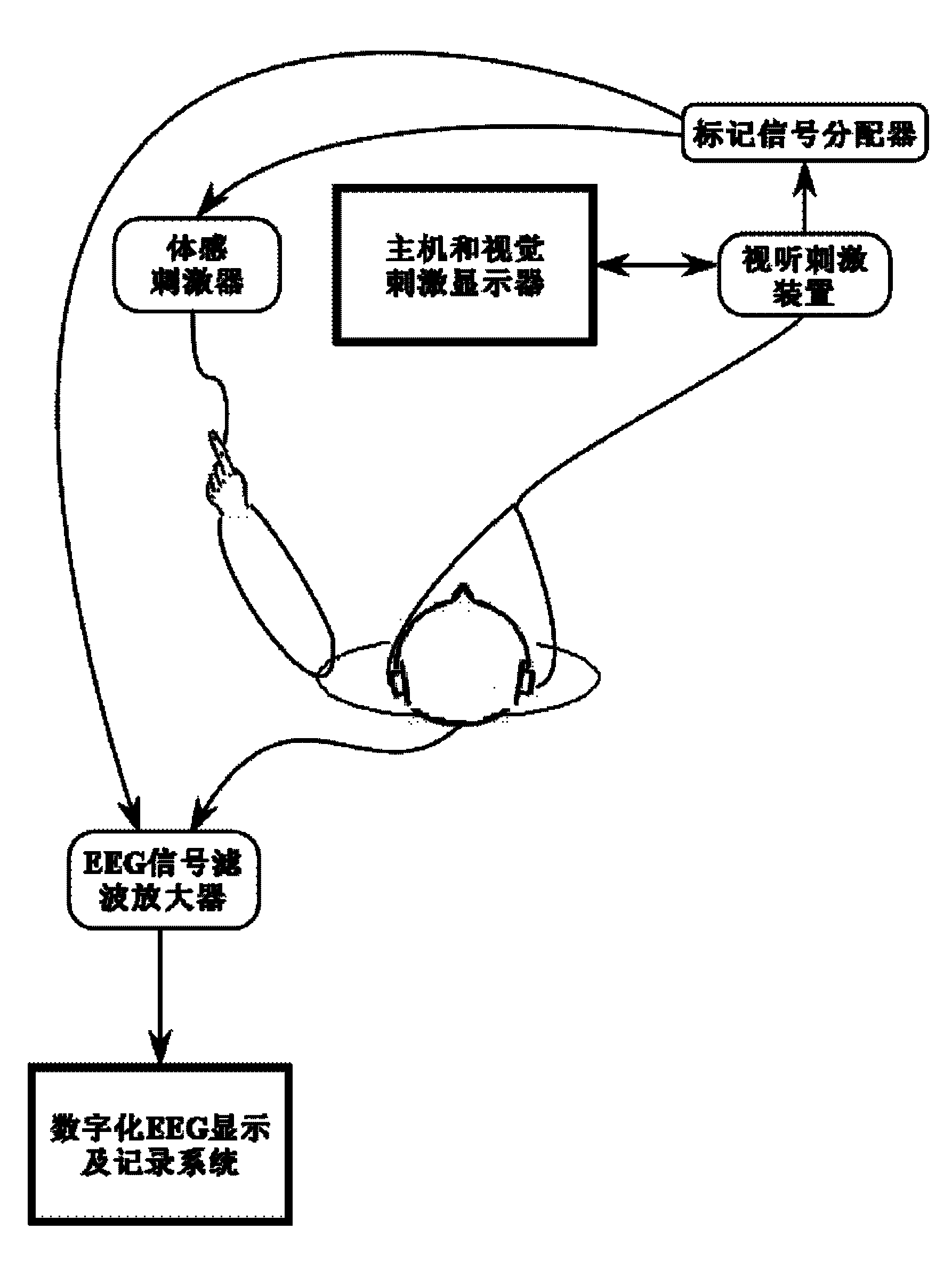 Simultaneous stimulating and recording system of cross sensory channels of sight, sound and body sense