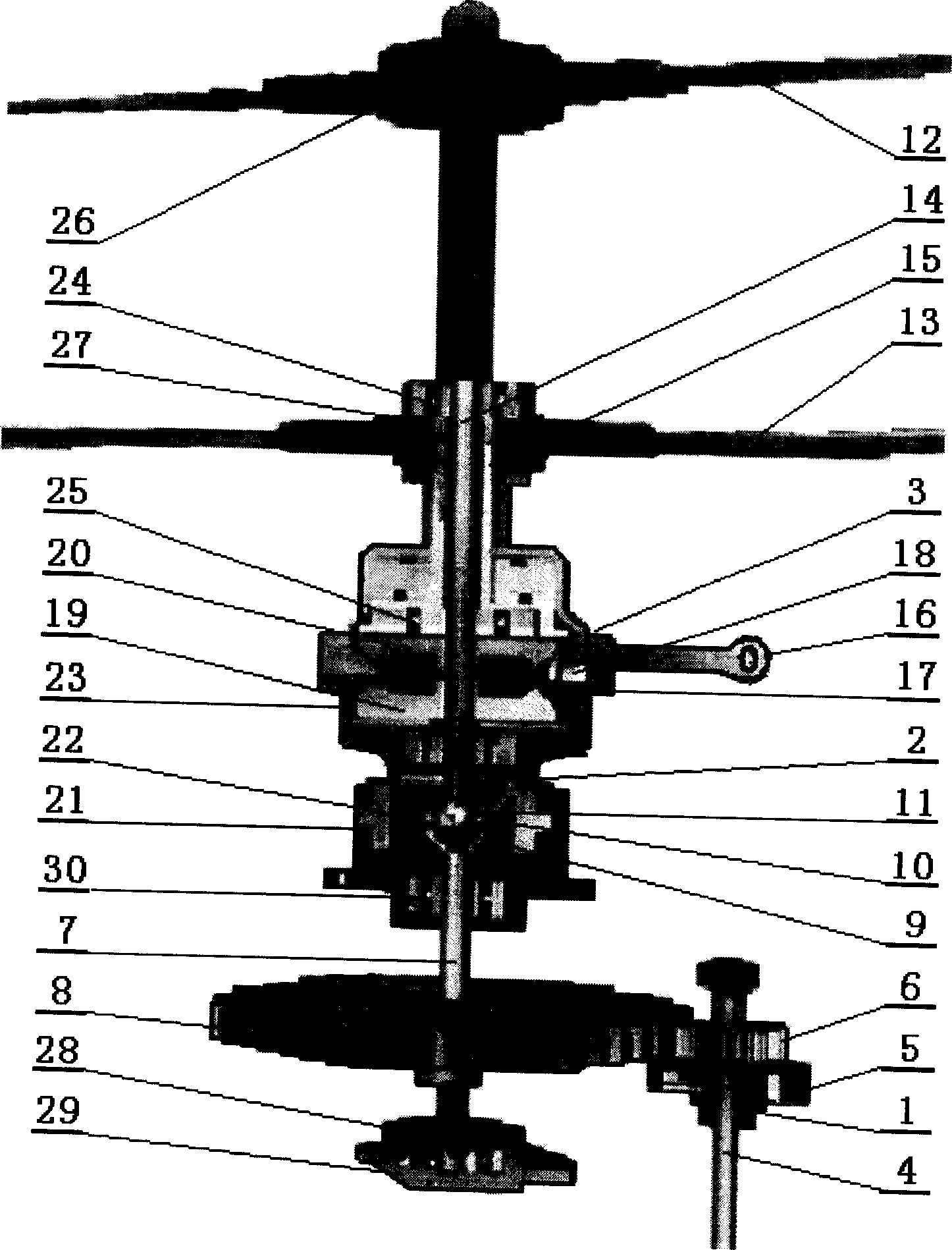 Synchronous switching adjusting device of coaxial double-oared self-spinning wing aircraft