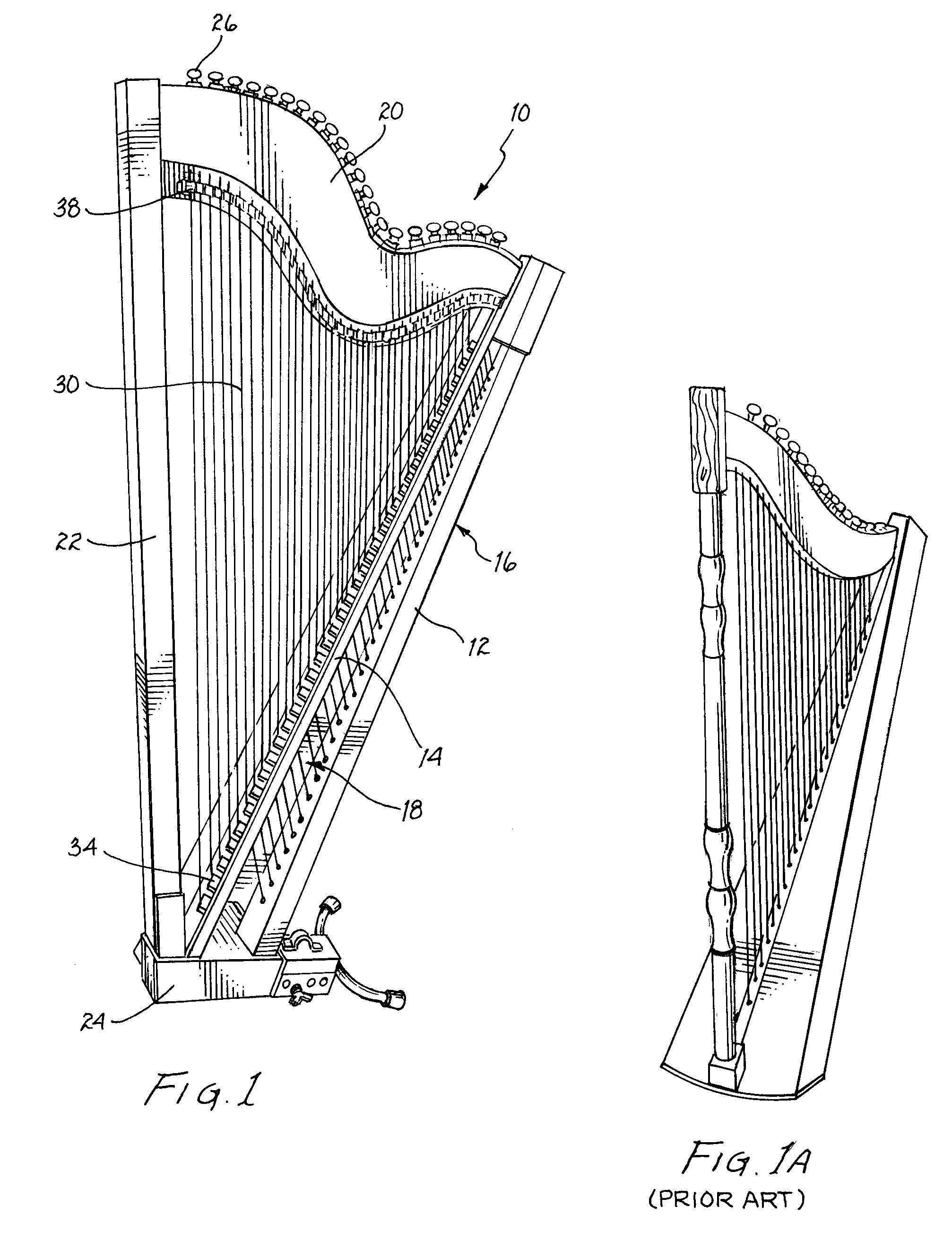 Harp with exposed soundboard and separate bridges and method of altering the pitch of the harp strings