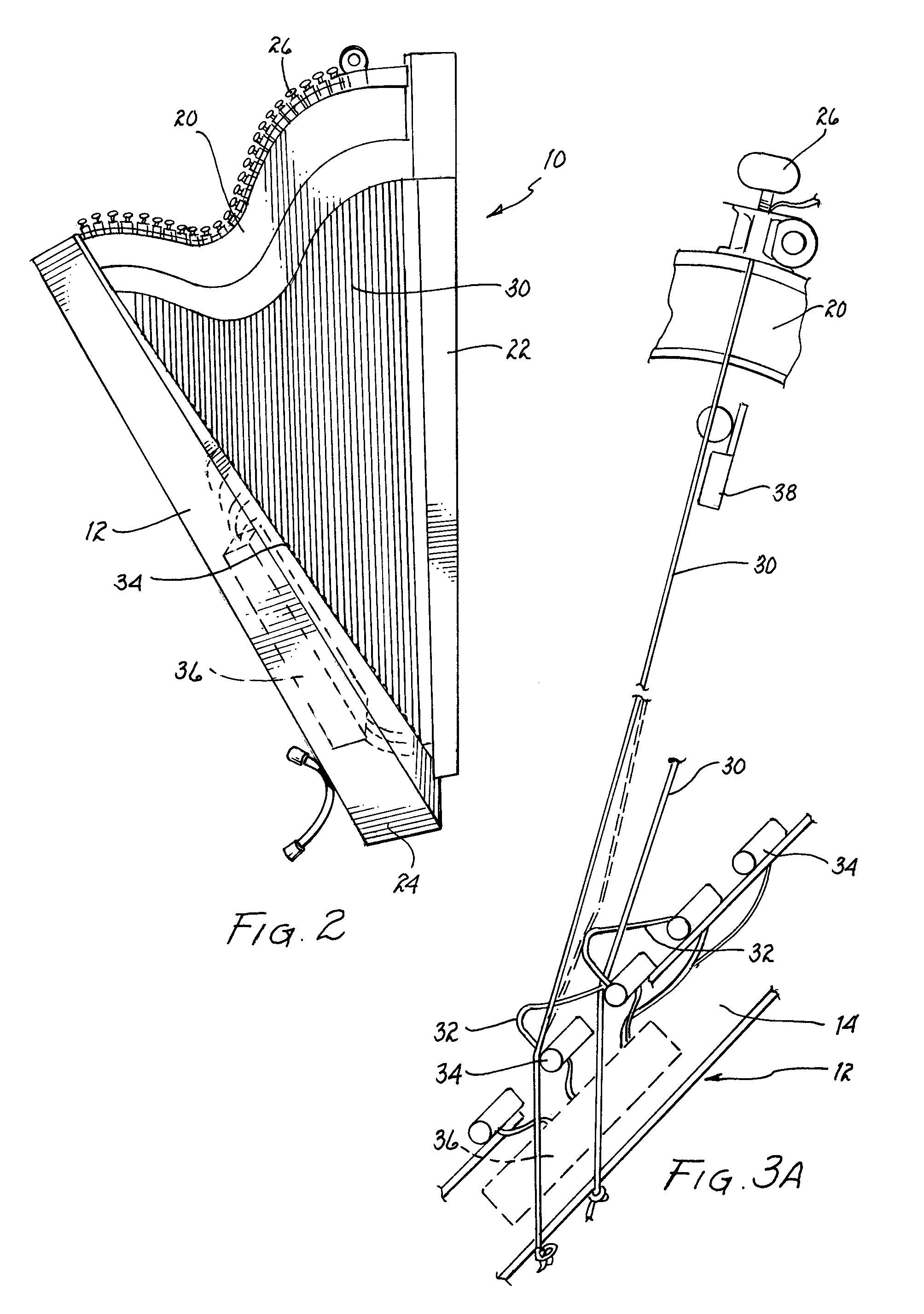 Harp with exposed soundboard and separate bridges and method of altering the pitch of the harp strings