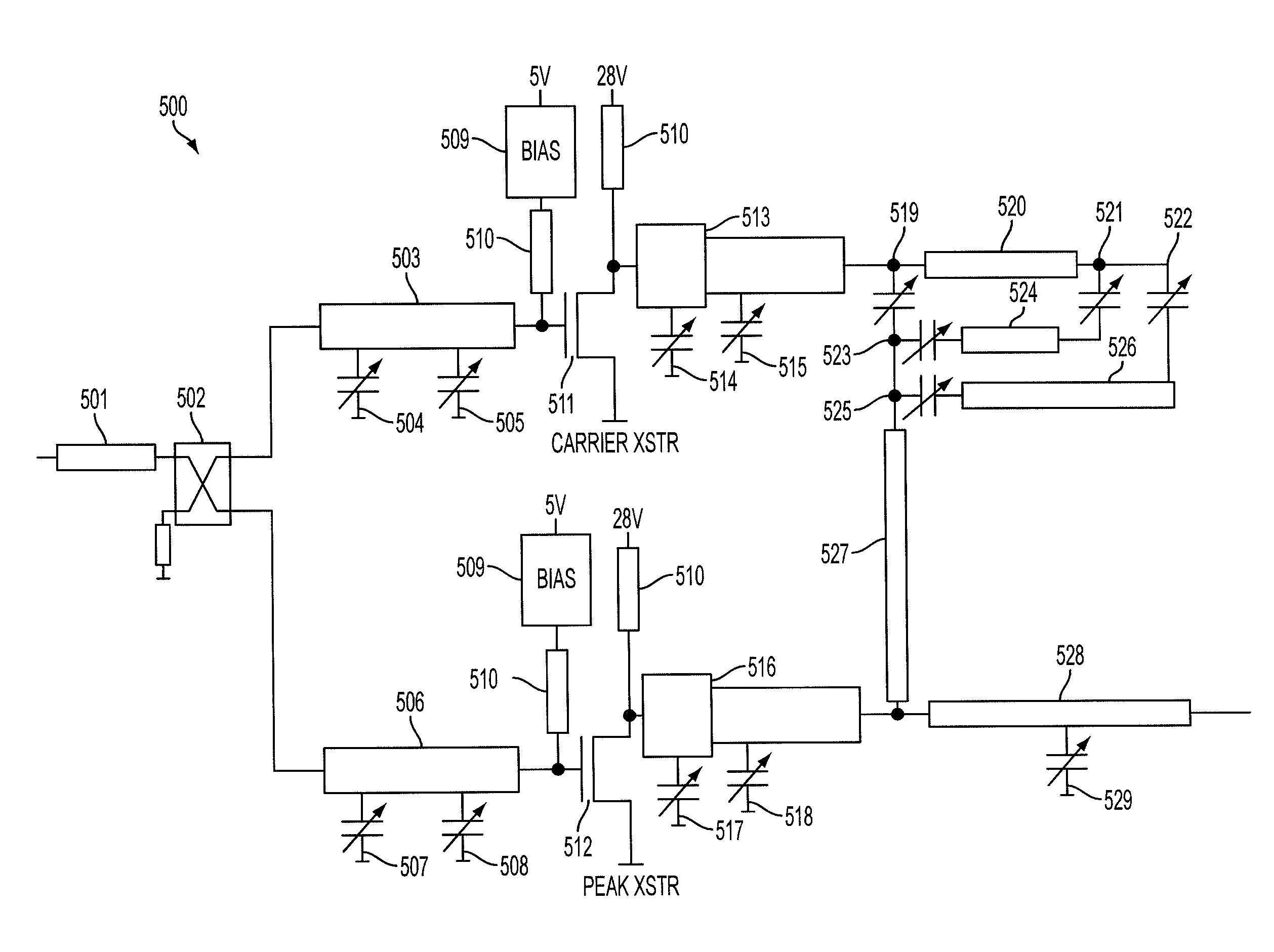 Apparatus and method for a switched capacitor architecture for multi-band doherty power amplifiers