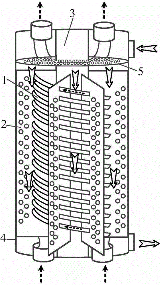 Winding tubular heat exchanger provided with vertical partition plate in cavity