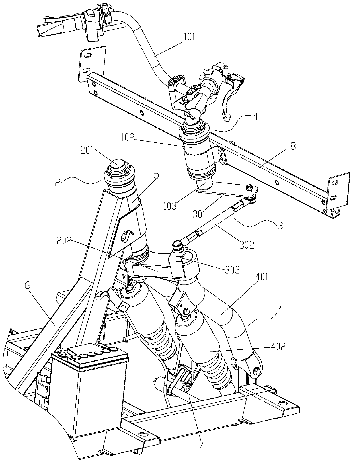 Eccentric type steering assembly and three-wheeled motorcycle