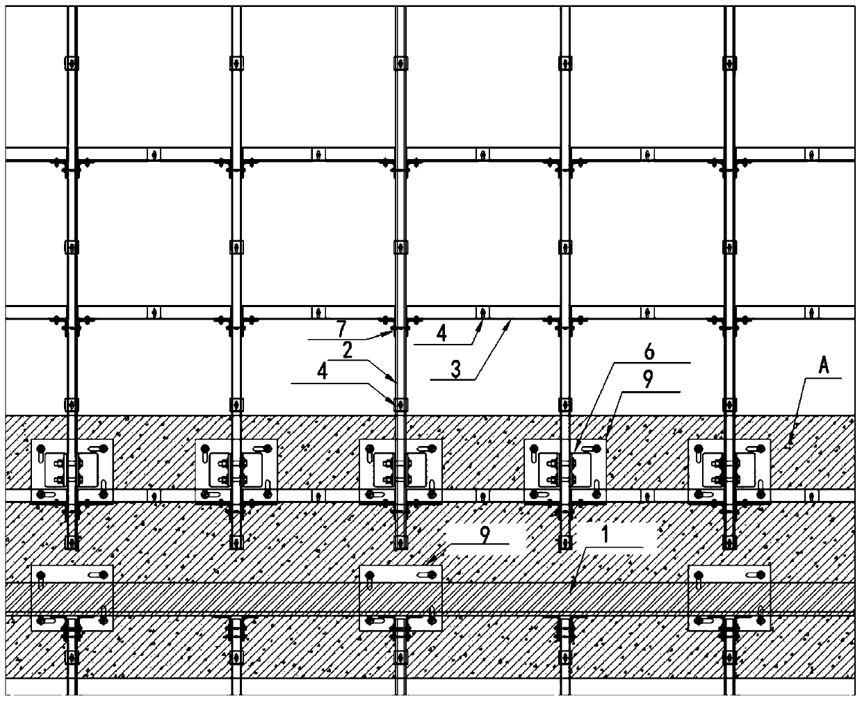 Construction method of metal framework system arranged on curtain wall built by ganged bricks