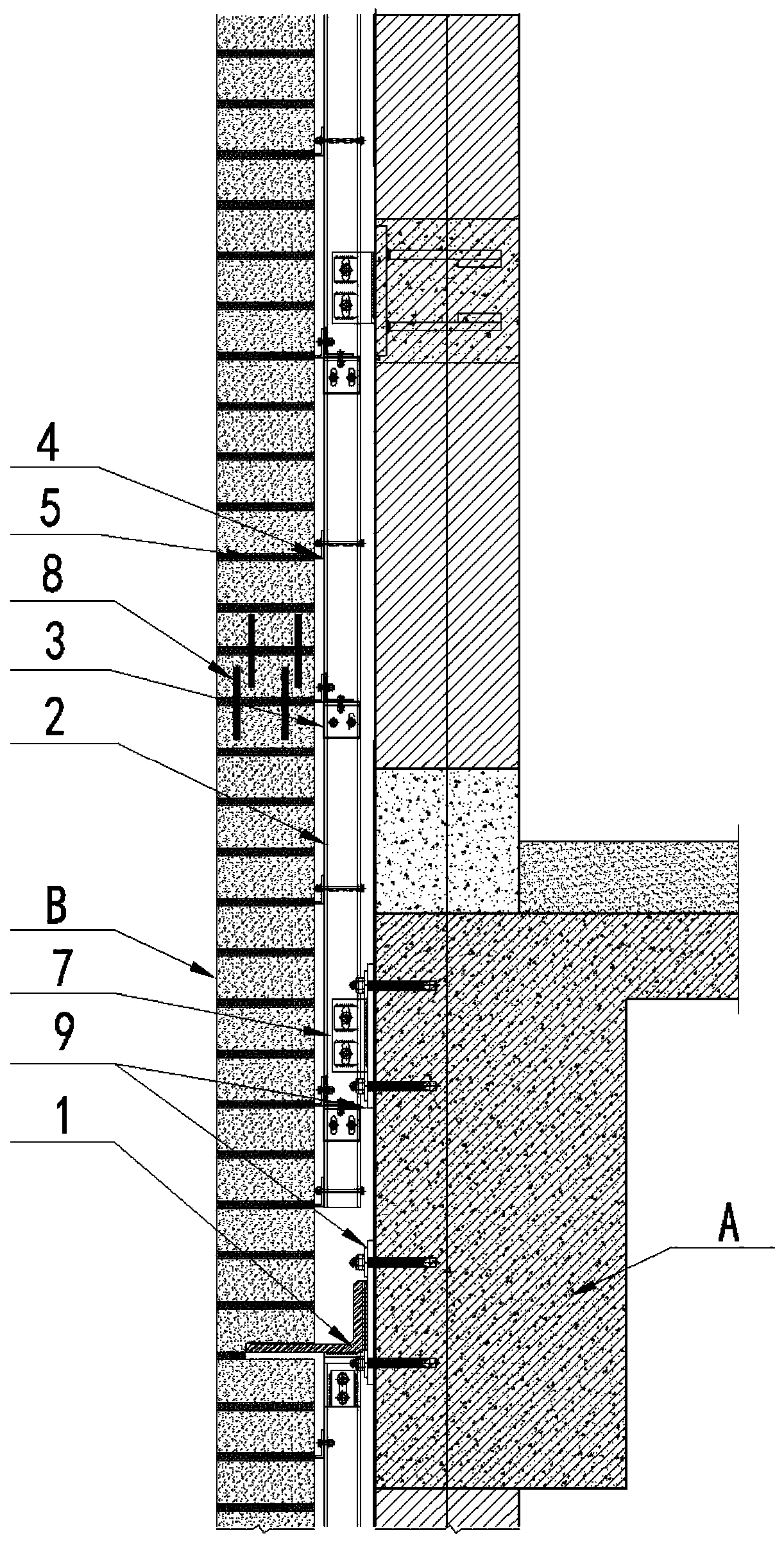 Construction method of metal framework system arranged on curtain wall built by ganged bricks