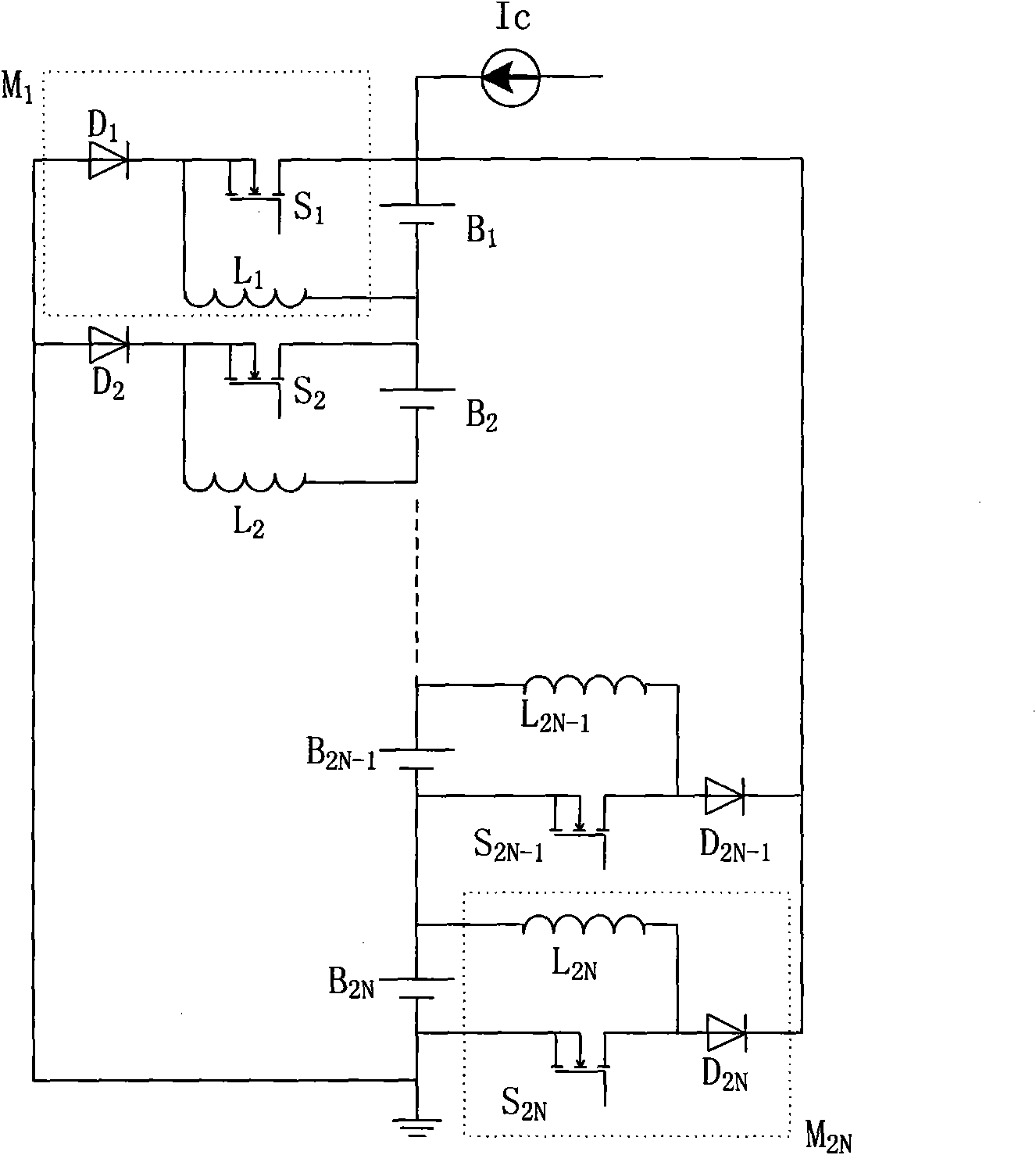 Series power storage battery energy non-dissipative type equalization charging circuit