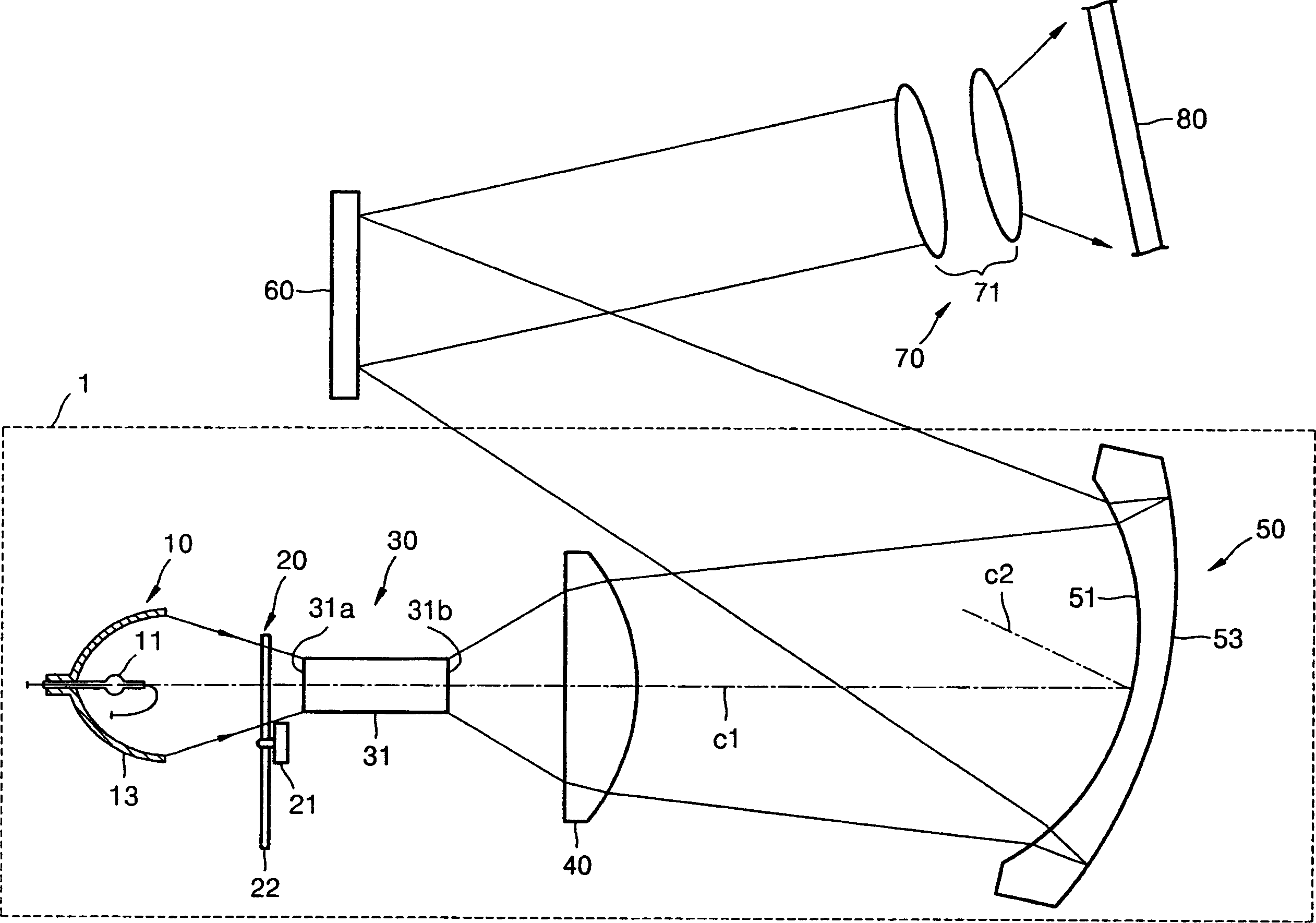 Optical lighting system and image projection system containing it