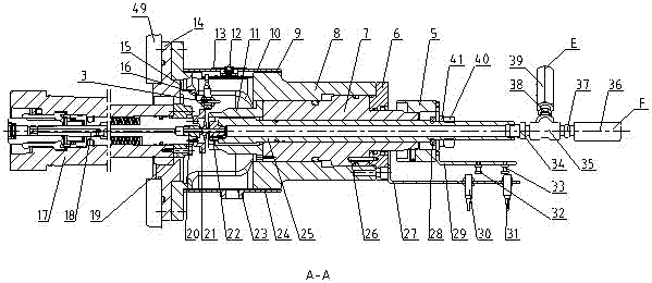 A water-discharging and cutting mechanism of the center of the high-speed spindle of a CNC machine tool