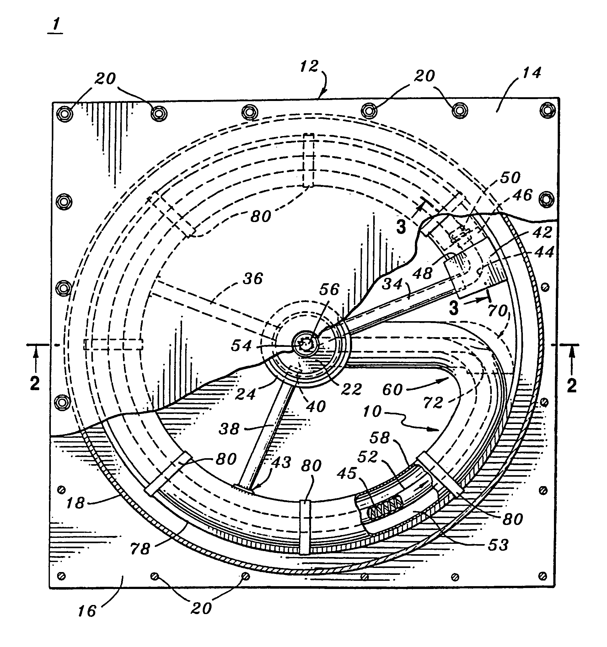 Gas-jet driven rotary device for generating a field and a process for treating items within the field for increased performance