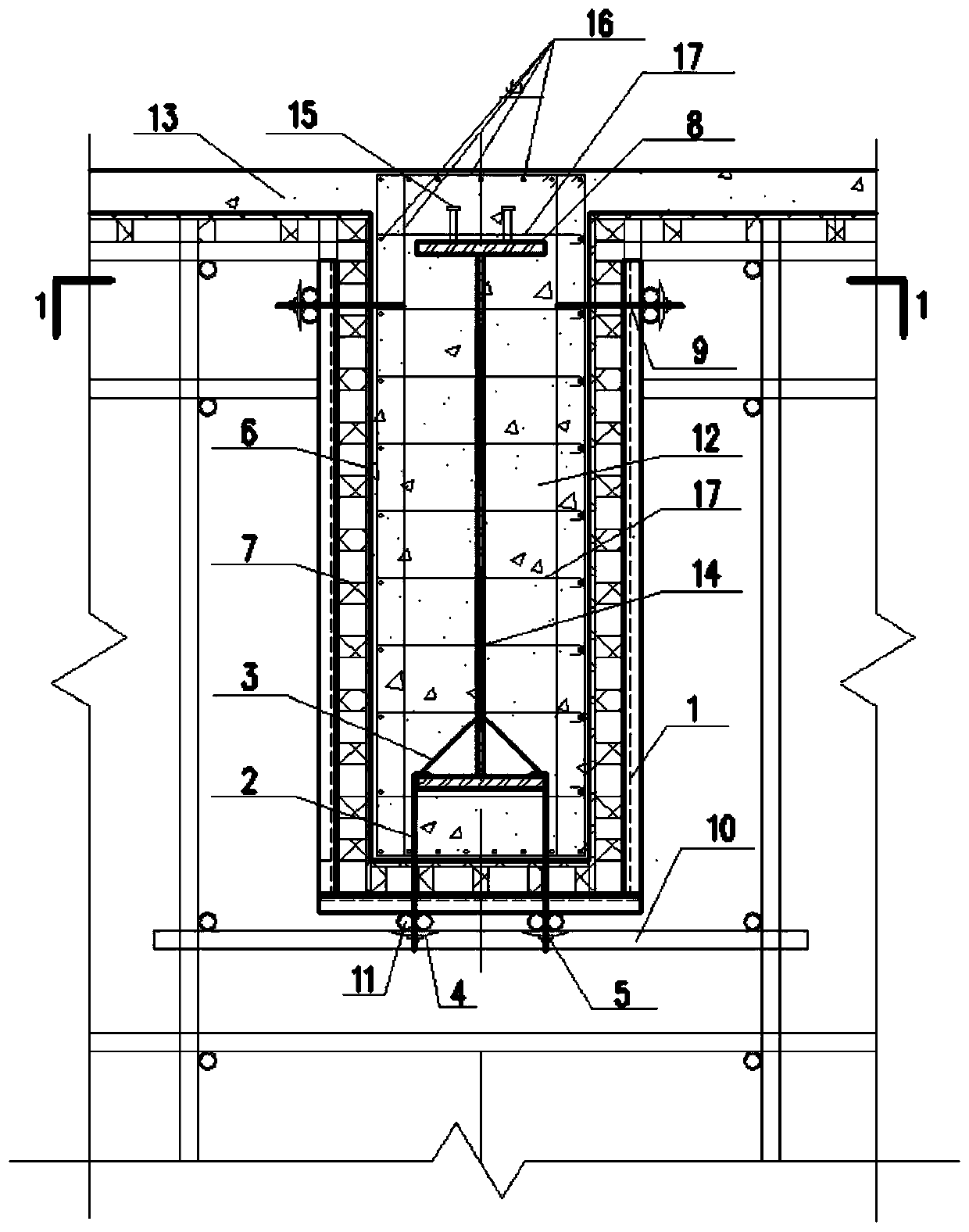 Construction reinforcing structure for high-space large-span section steel concrete structure beam hanging mold and construction method thereof