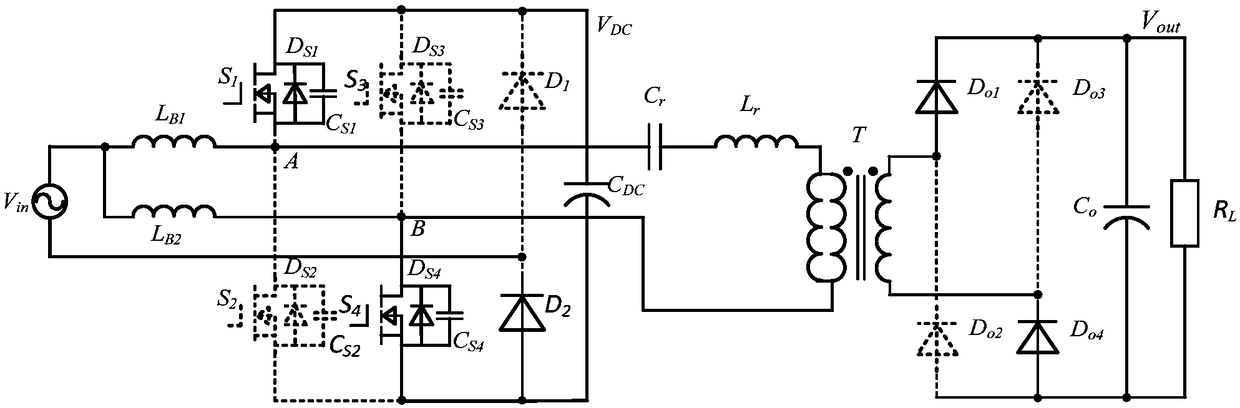 Single-stage type isolated AC-DC converter based on interleaved bridgeless PFC circuit and LLC resonance